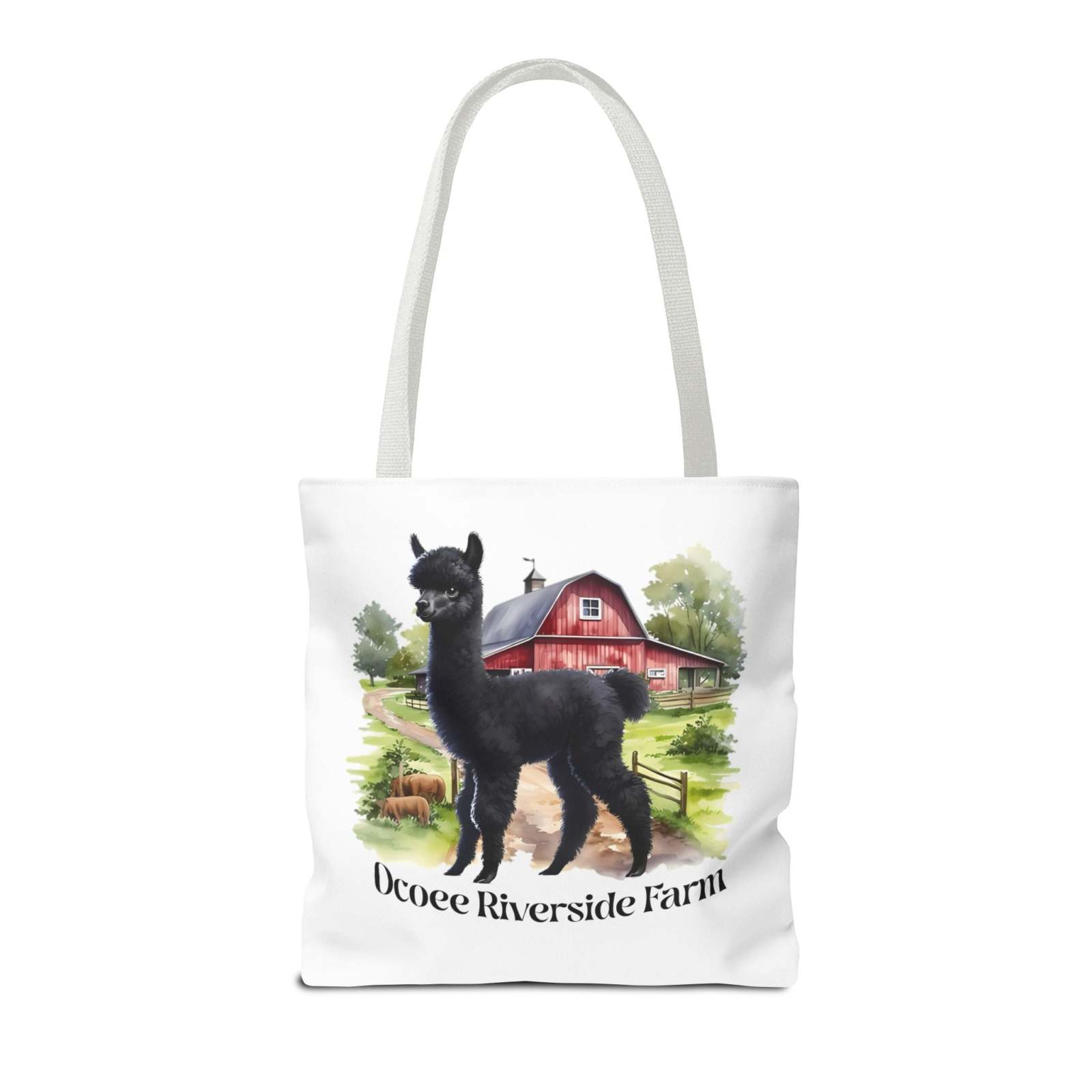 Eco-friendly llama tote bag with Ocoee Riverside Farm design, durable polyester shopping bag with reinforced handles and boxed corners.