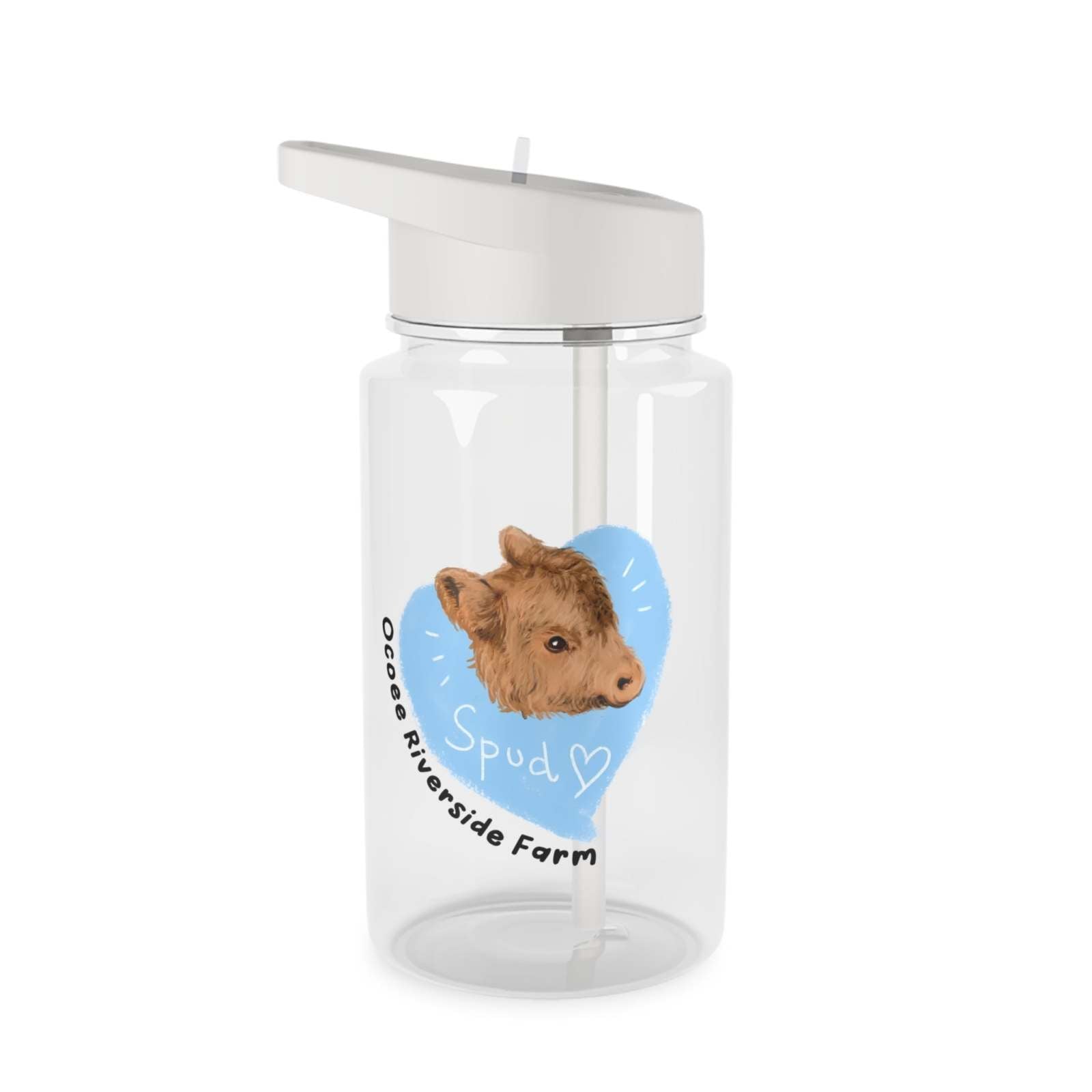 Clear Cow Tritan water bottle with straw featuring a cute calf illustration and farm-themed design