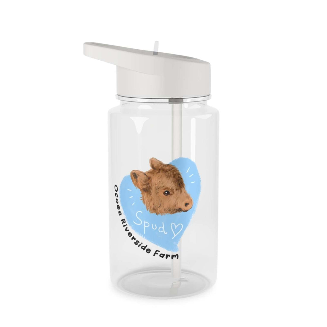 Clear Cow Tritan water bottle with straw featuring a cute calf illustration and farm-themed design