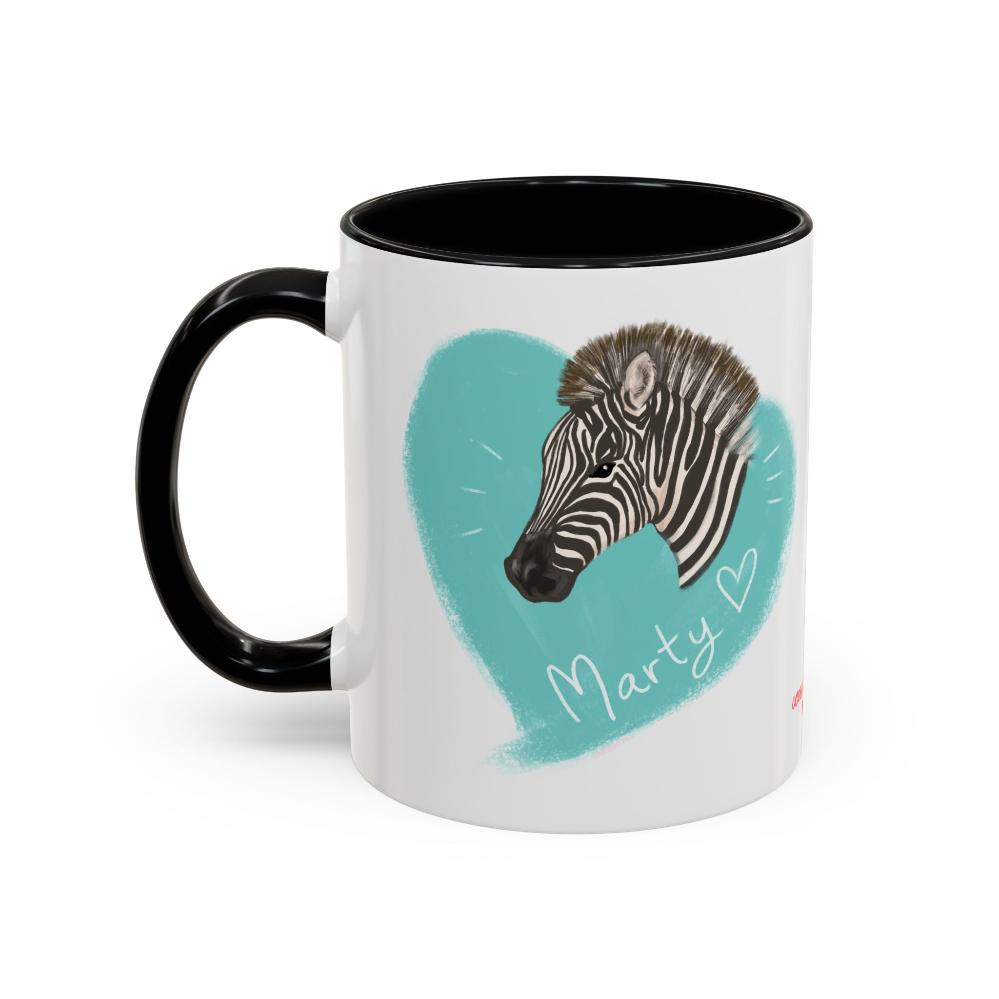 A zebra adorned with the word "Marty" creatively integrated into its stripes at Ocoee Riverside Farm Coffee Mug