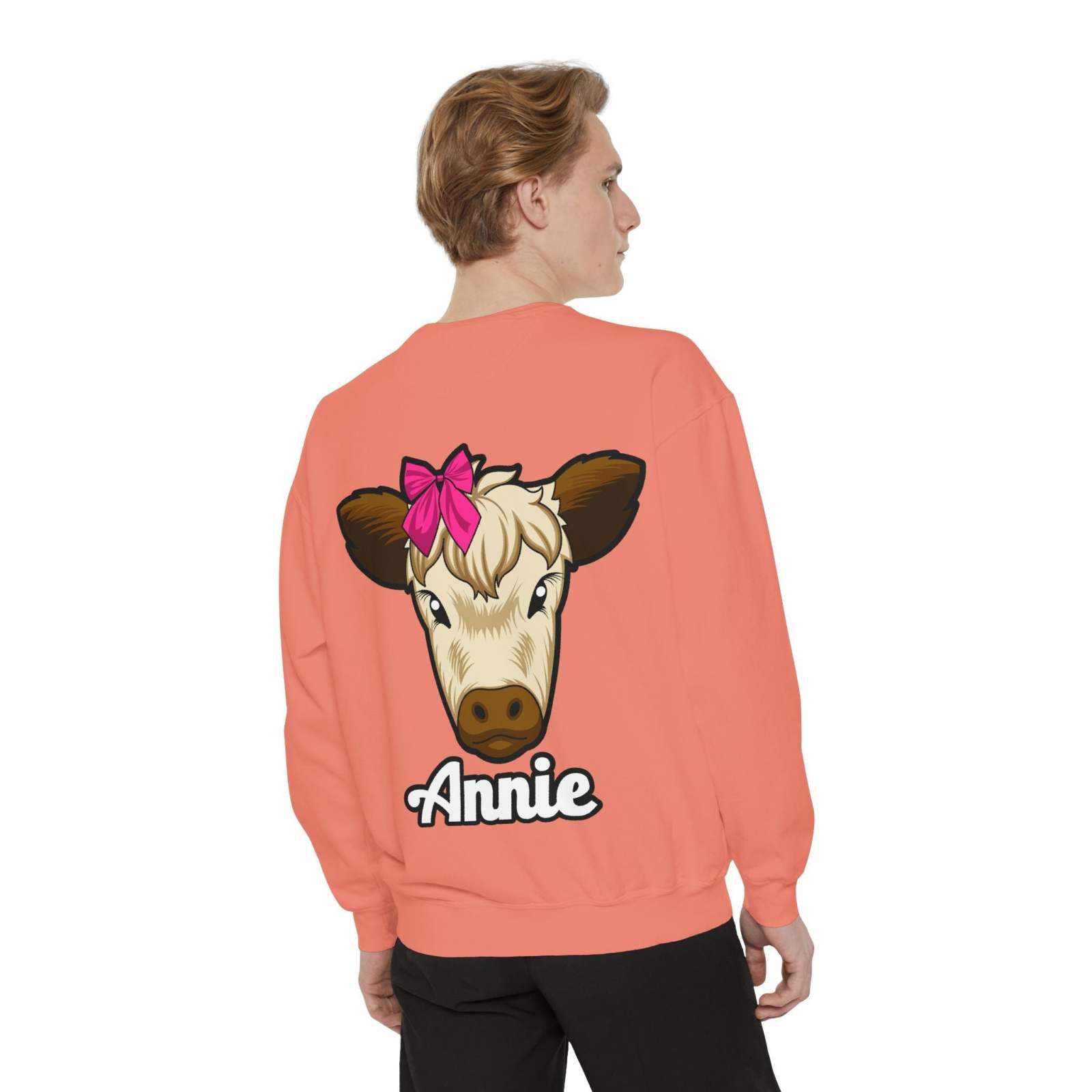 Cute farm animal sweatshirt featuring Annie the Cow with a red bow, perfect for countryside lovers.