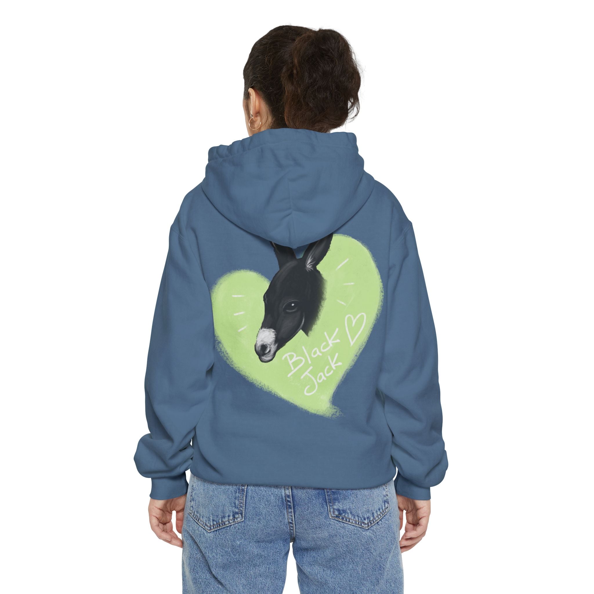 A donkey featuring the words "Black Jack" prominently displayed on its side at Ocoee Riverside Farm Unisex Hoodie