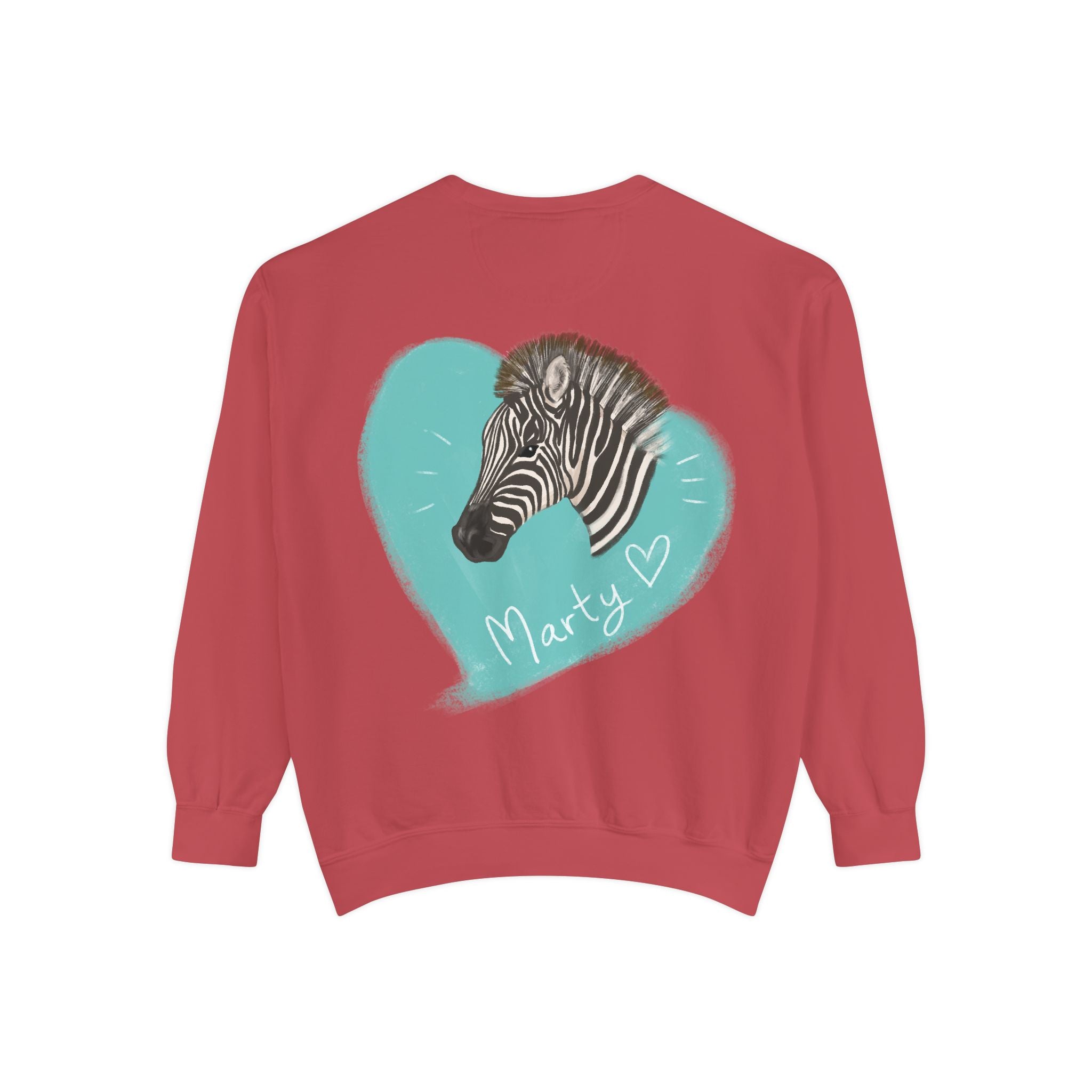 A zebra adorned with the word "Marty" creatively integrated into its stripes at Ocoee Riverside Farm Sweatshirt