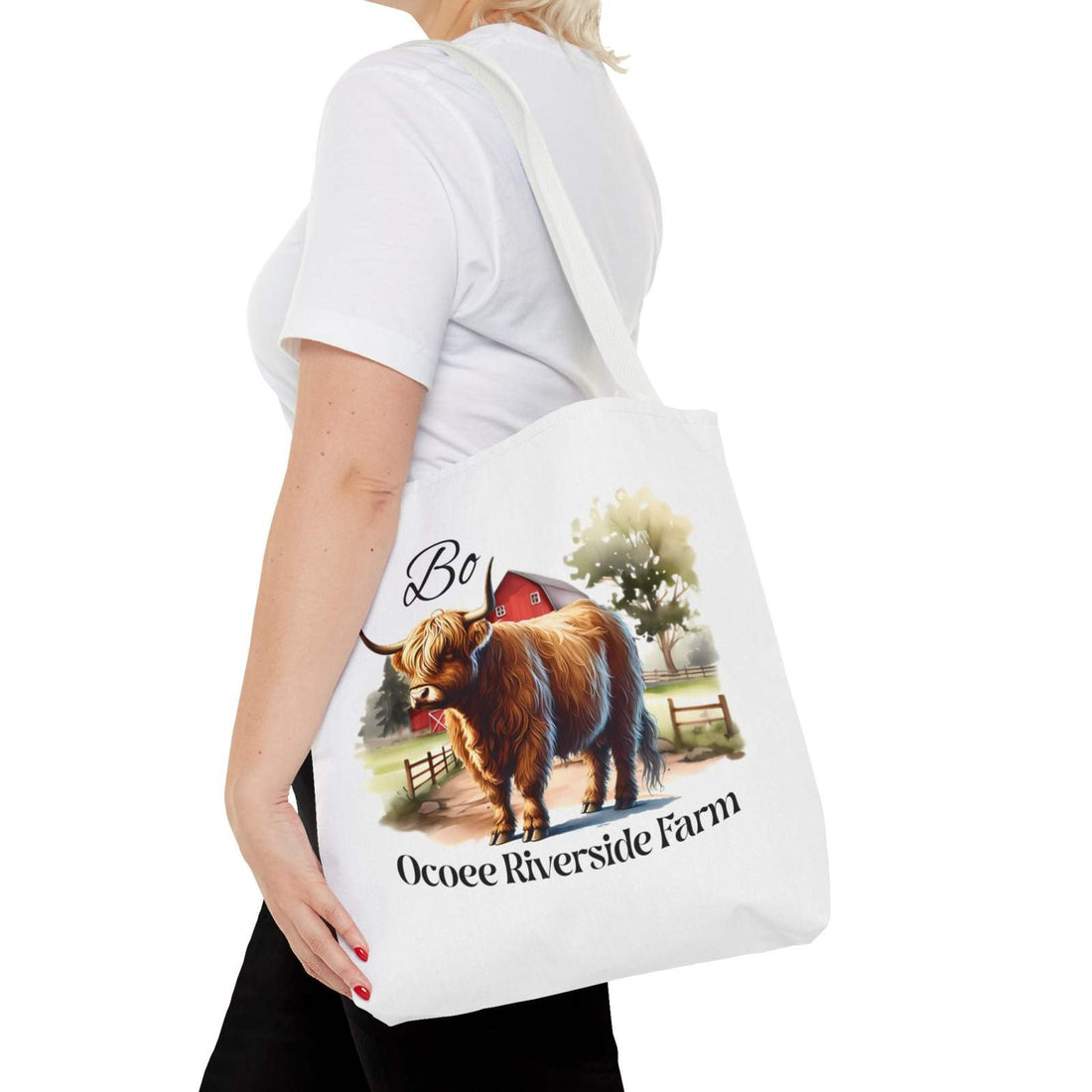 Bo Scottish Highland Tote Bag with Ocoee Riverside Farm design, eco-friendly shopping bag, white polyester with sturdy handles, worn on shoulder
