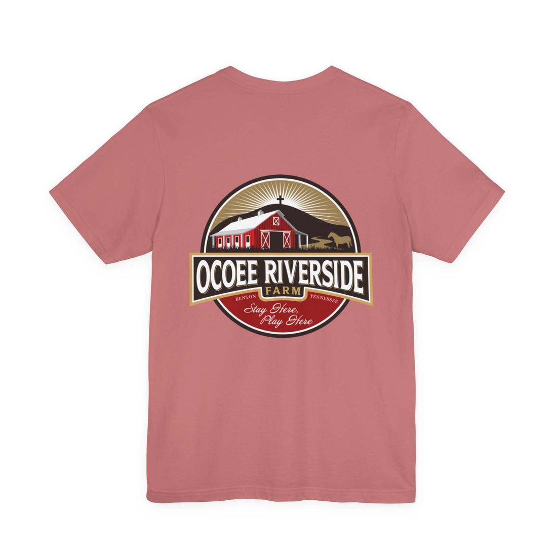 Back view of a pink unisex Sloth T-Shirt featuring a large Ocoee Riverside Farm logo with a barn and horse design