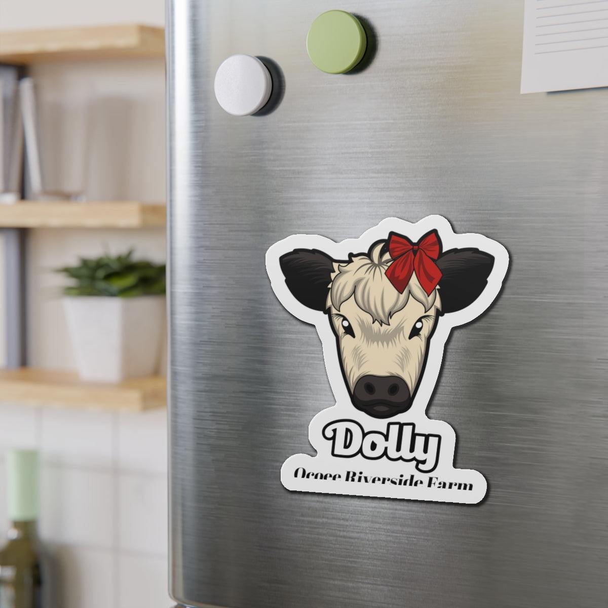 Charming Cow Die-Cut Magnet with cow face and red bow on stainless steel fridge, farmhouse decor accessory