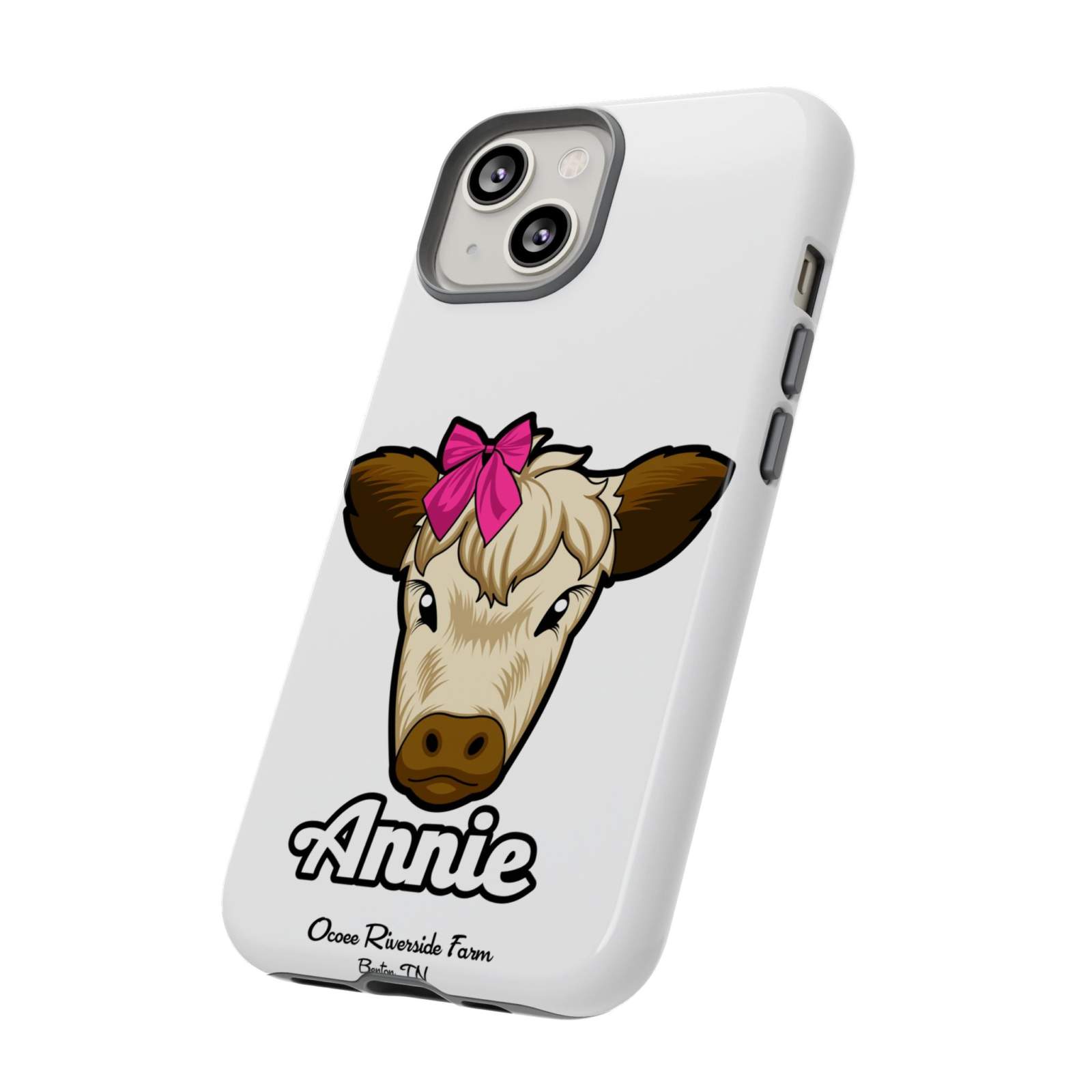 Cute cow phone case with red bow, ideal farm animal lover gift, featuring durable 3D wrap design.