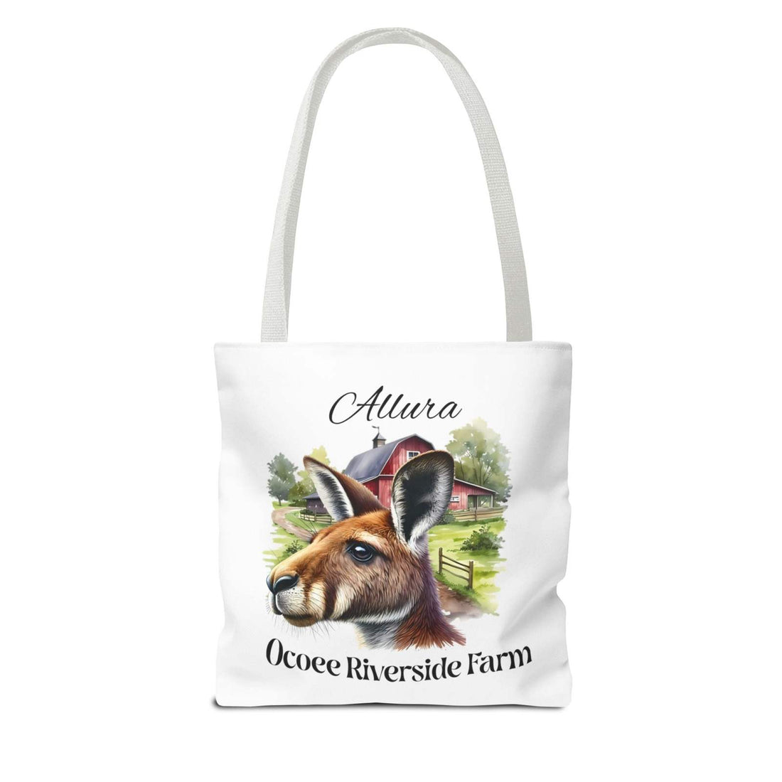 Allura Kangaroo Tote Bag with Ocoee Riverside Farm design, eco-friendly shopping bag with durable polyester and reinforced handles