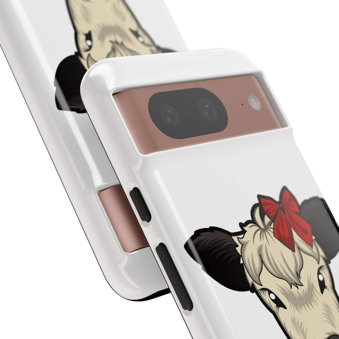 Farmhouse Chic phone case with Dolly the cow and red bow design.