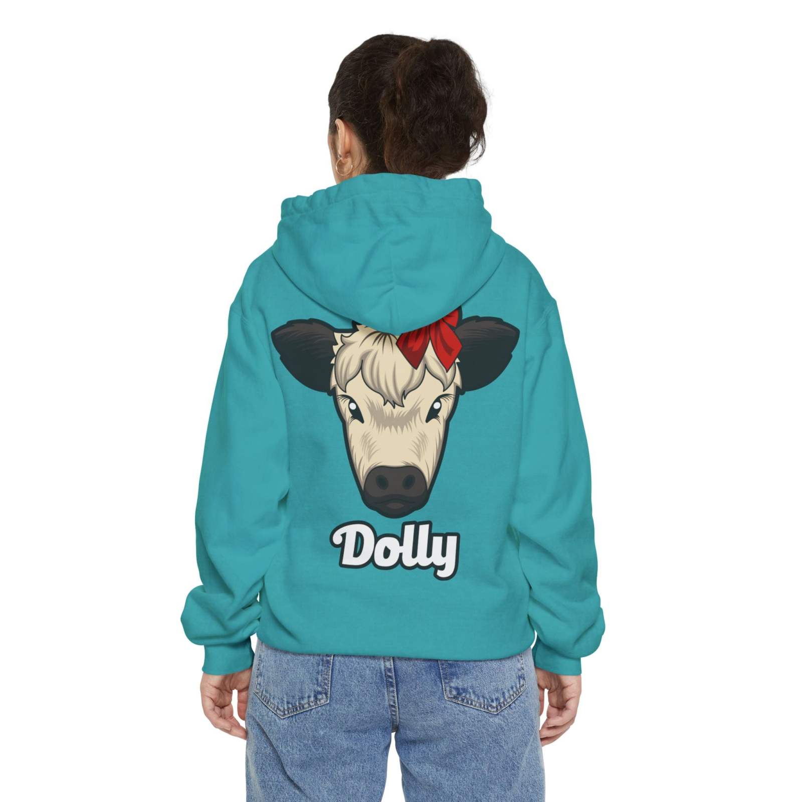 Blue hoodie featuring a cow graphic with a red bow and the name "Dolly".