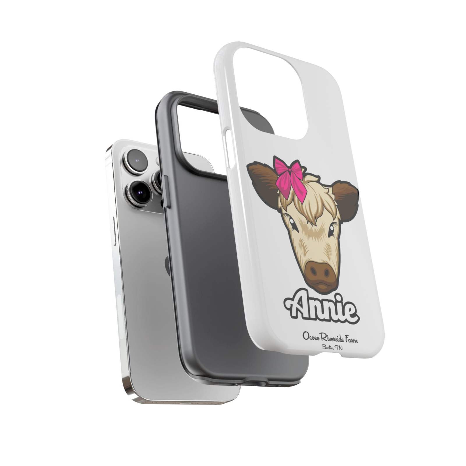 Cute Annie the Cow phone case with red bow, perfect farm animal lover gift.