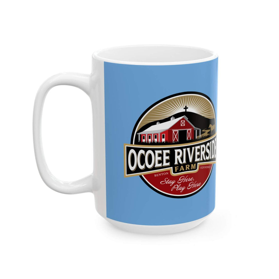 White ceramic coffee mug with Ocoee Riverside Farm logo on blue background