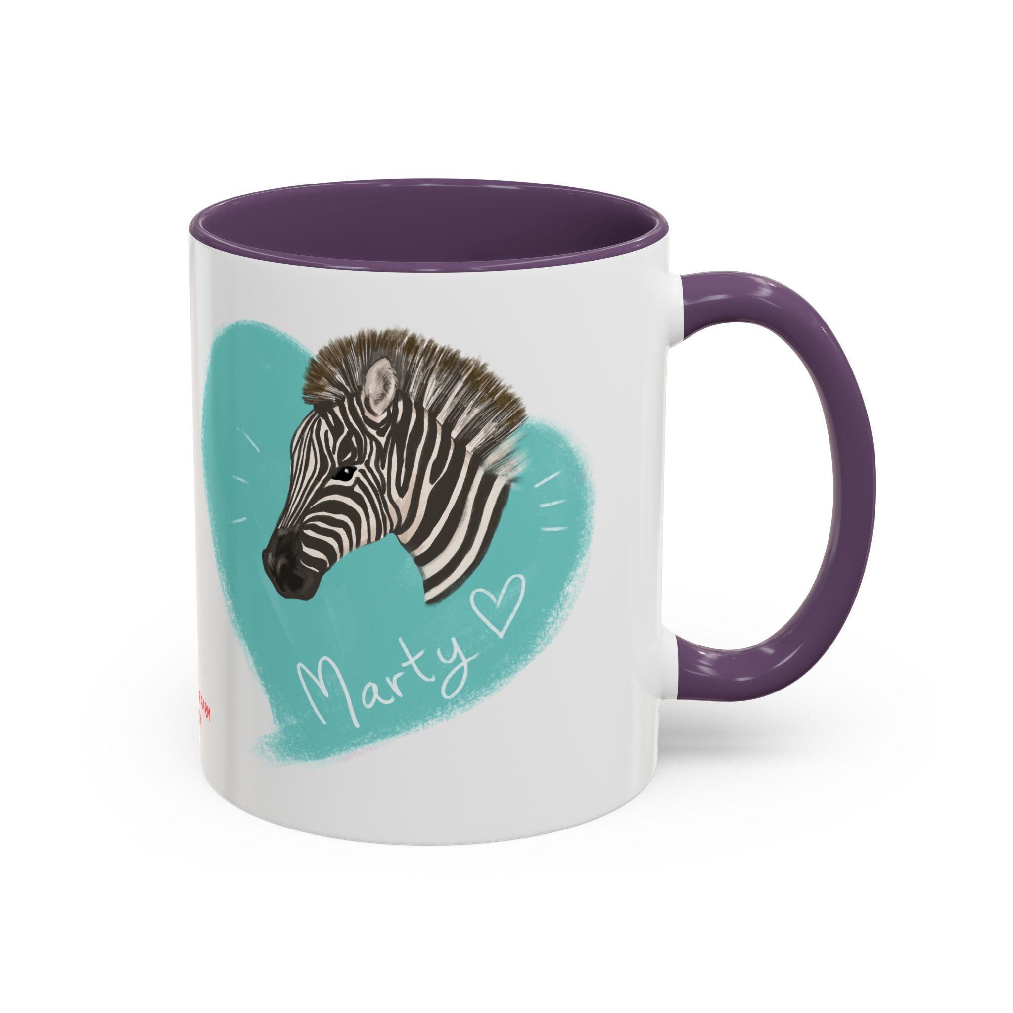 A zebra adorned with the word "Marty" creatively integrated into its stripes at Ocoee Riverside Farm Coffee Mug