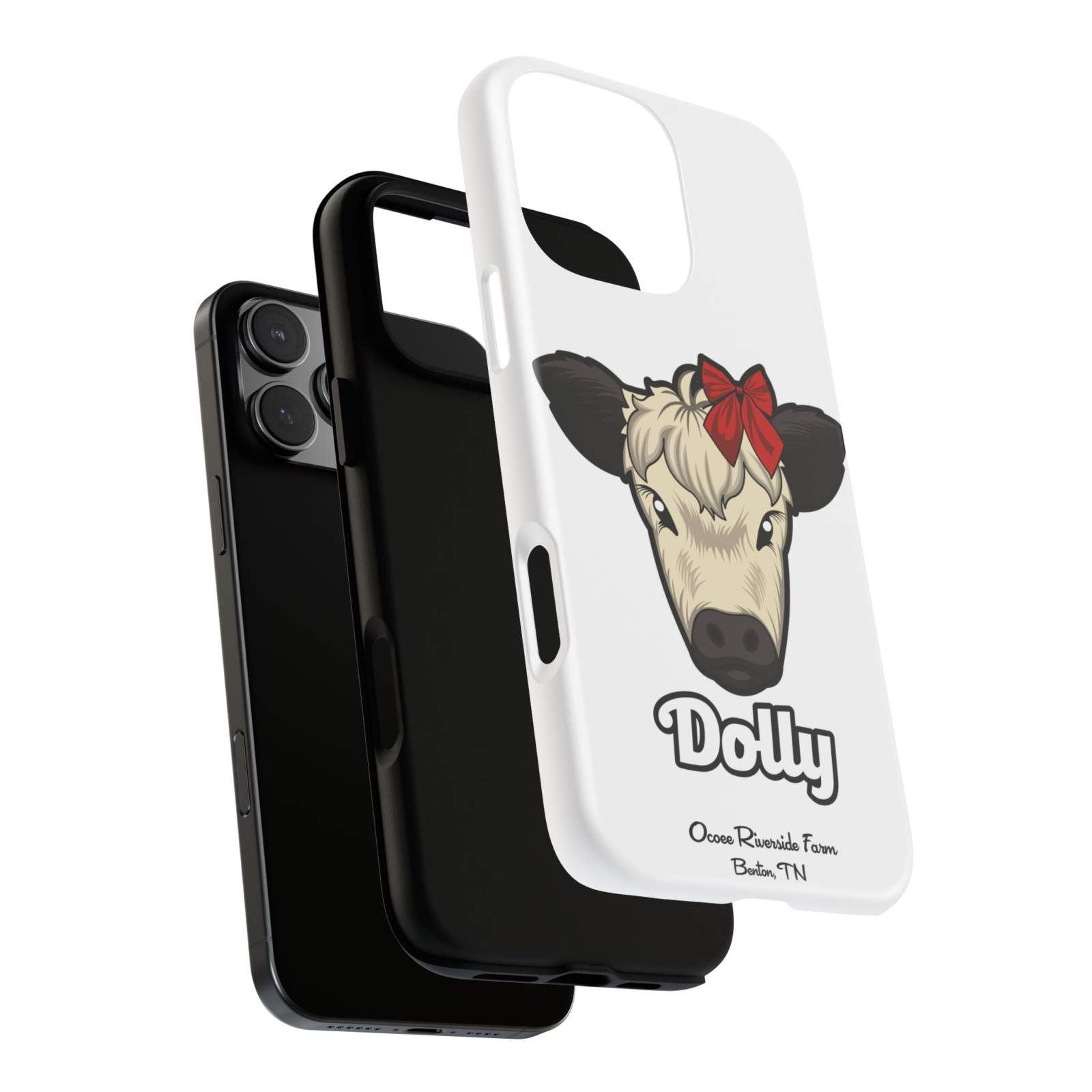 Farmhouse Chic Phone Case with Dolly the Adorable Red Bow Cow design, rustic elegance and durable protection for phones.