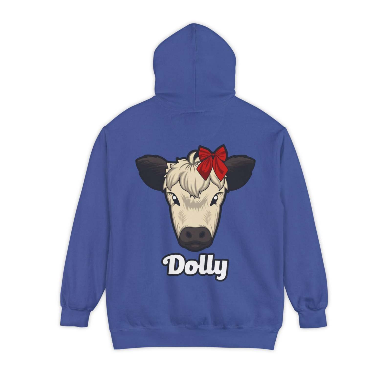 Blue hoodie featuring Dolly the Farm Cow graphic with a red bow.