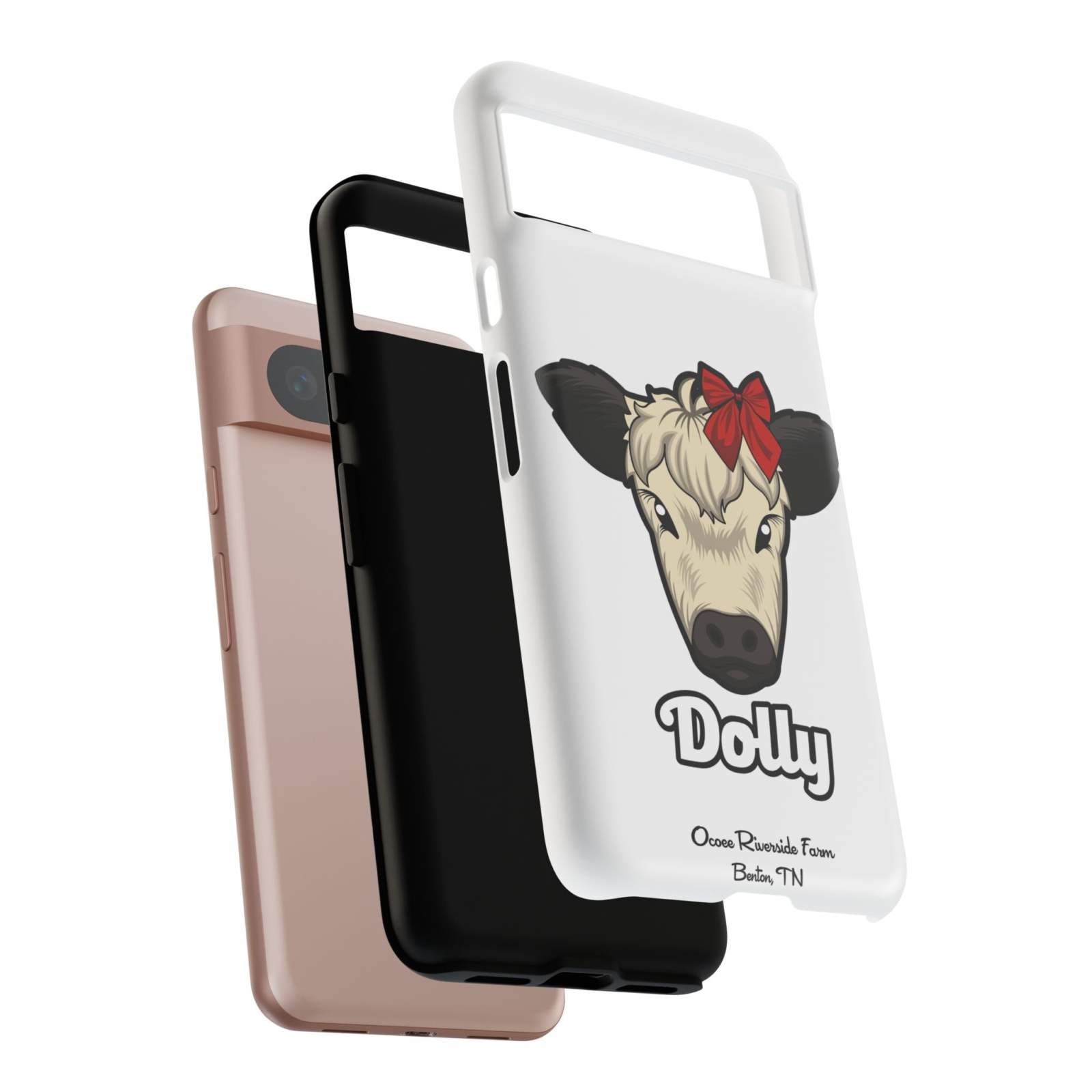 Farmhouse Chic Phone Case with red bow cow design, Dolly edition, featuring durable protection and rustic charm.