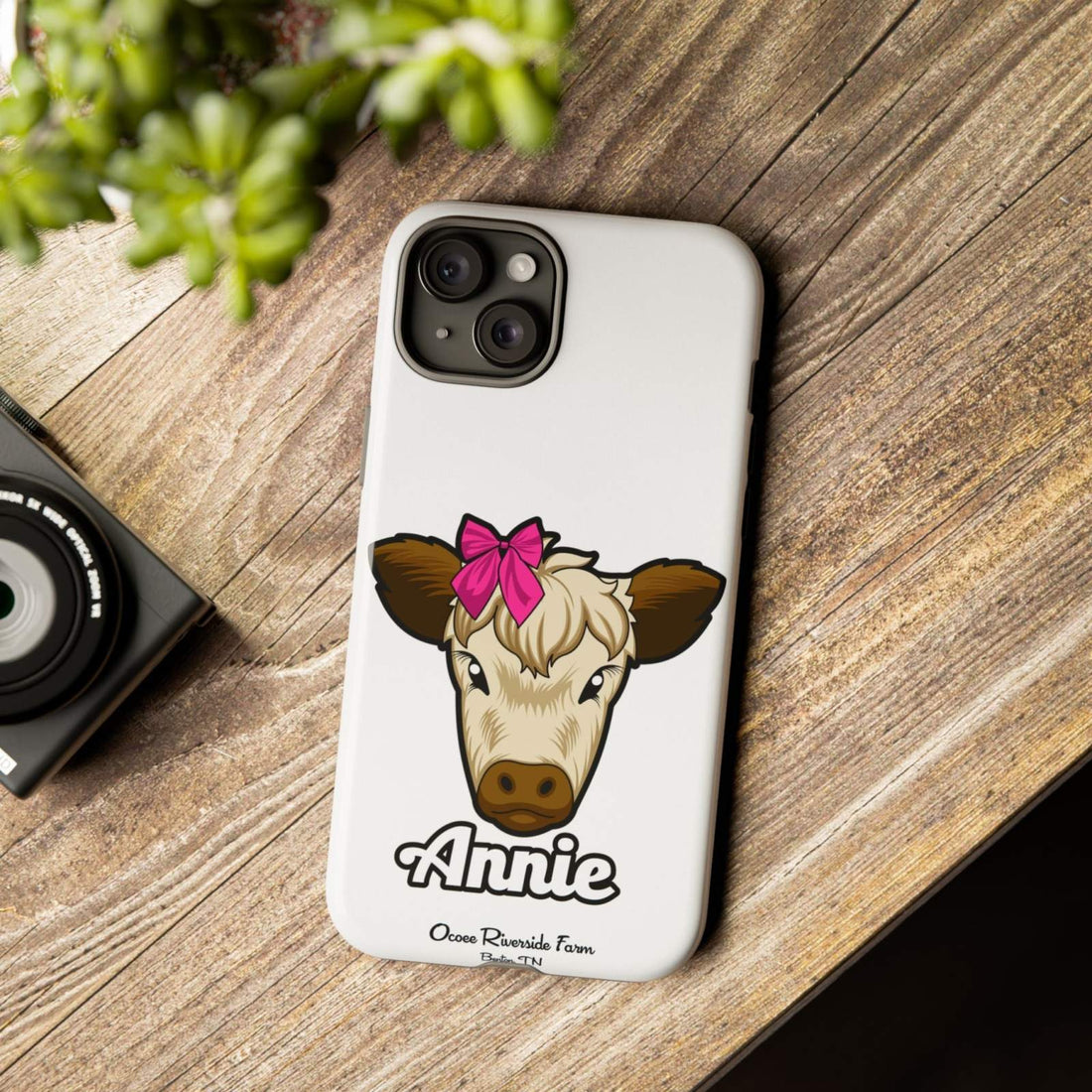 Cute Annie the Cow phone case with red bow; perfect farm animal lover gift, Ocoee Riverside design.