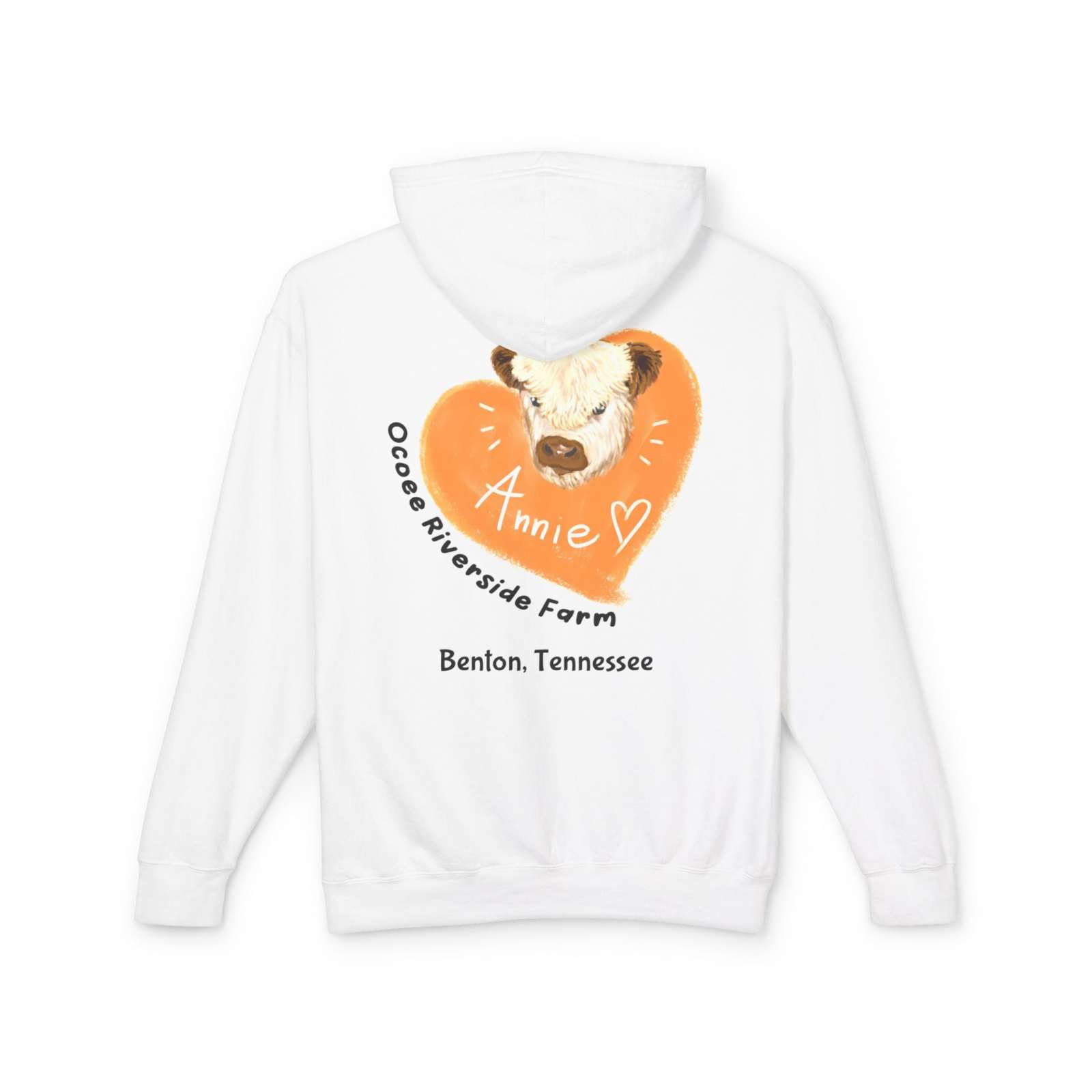 White unisex hooded sweatshirt with adorable cow design and "Ocoee Riverside Farm Benton, Tennessee" text on back