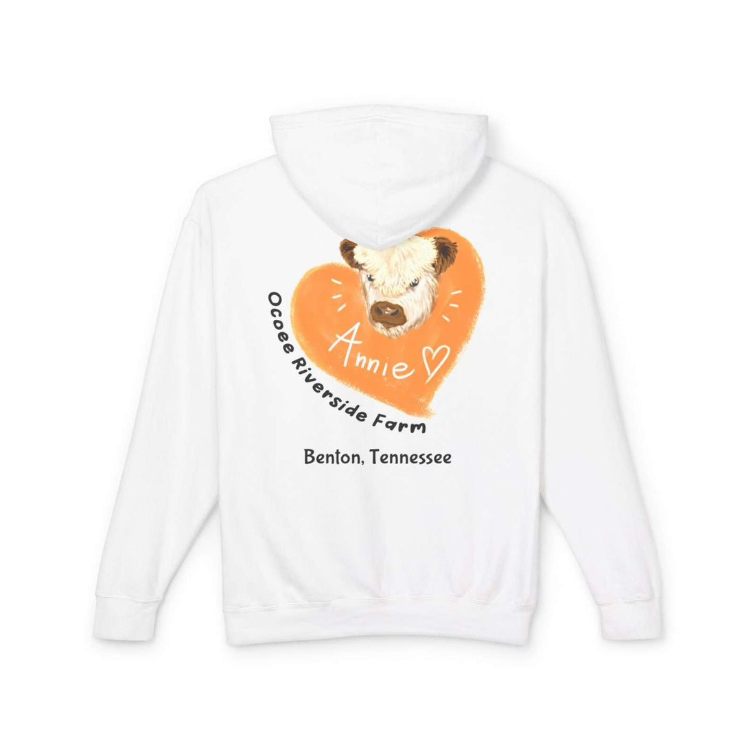White unisex hooded sweatshirt with adorable cow design and "Ocoee Riverside Farm Benton, Tennessee" text on back