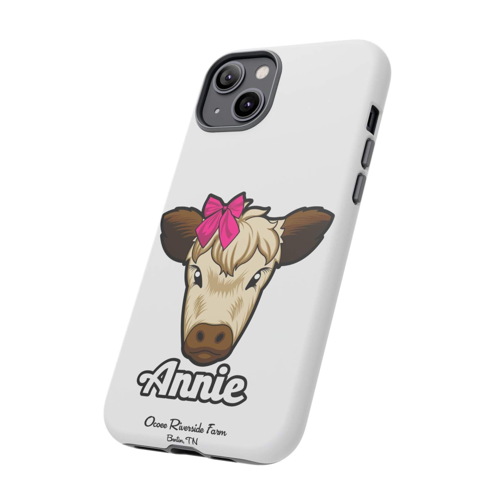 Cute cow phone case with red bow, ideal farm animal lover gift.