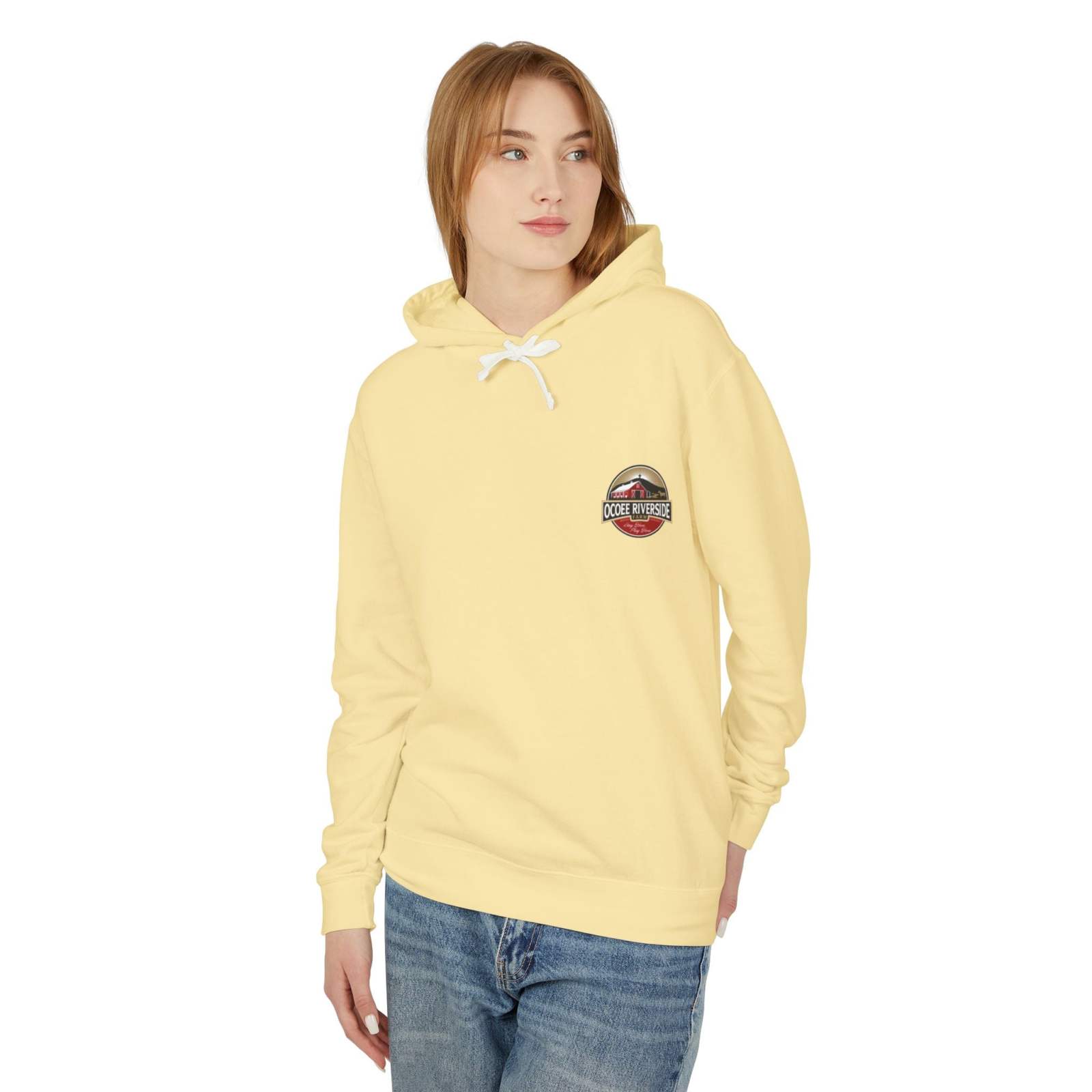 Unisex hooded sweatshirt in soft yellow with Ocoee Riverside Farm cow logo, casual fit and breathable cotton fabric