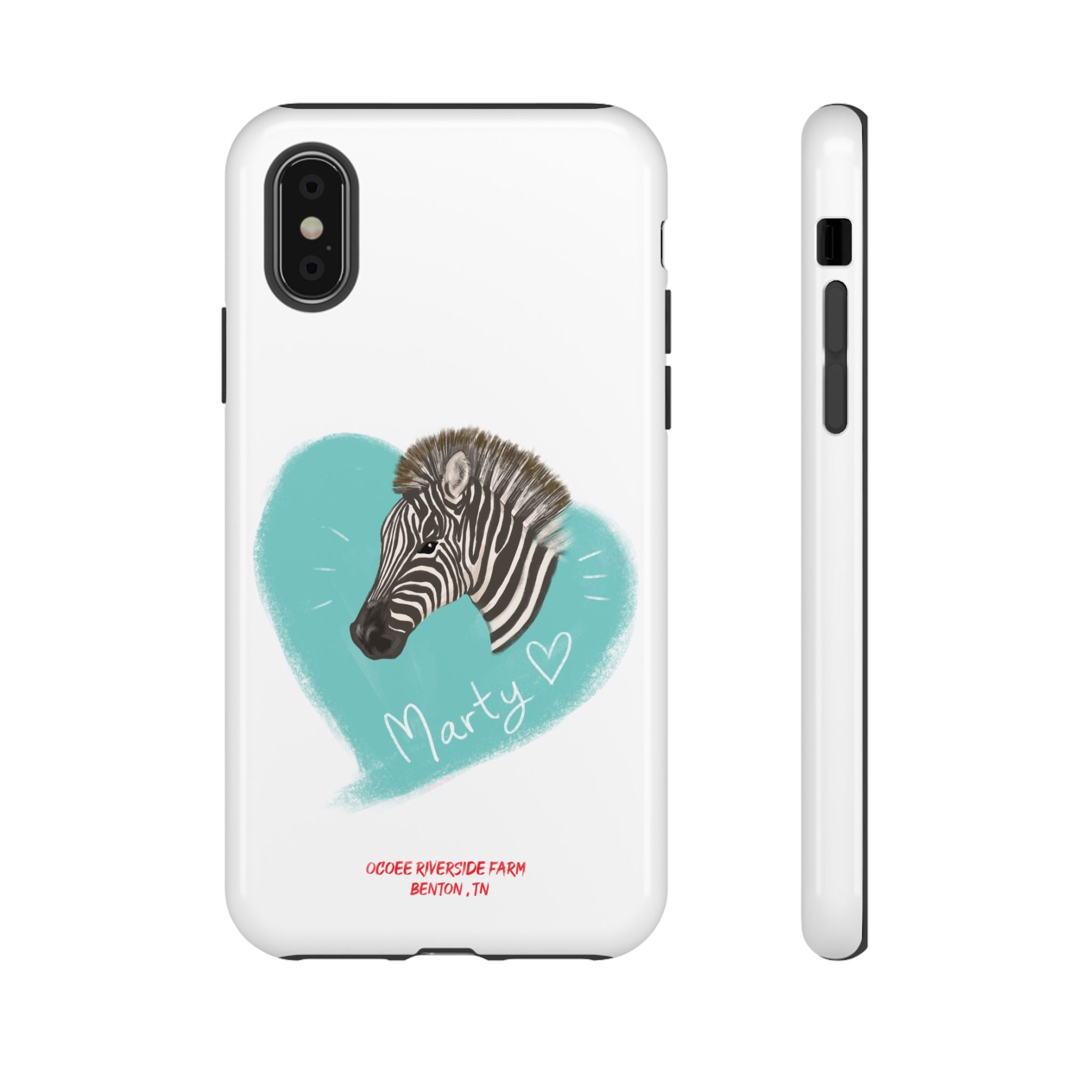 A zebra adorned with the word "Marty" creatively integrated into its stripes at Ocoee Riverside Farm Phone Case