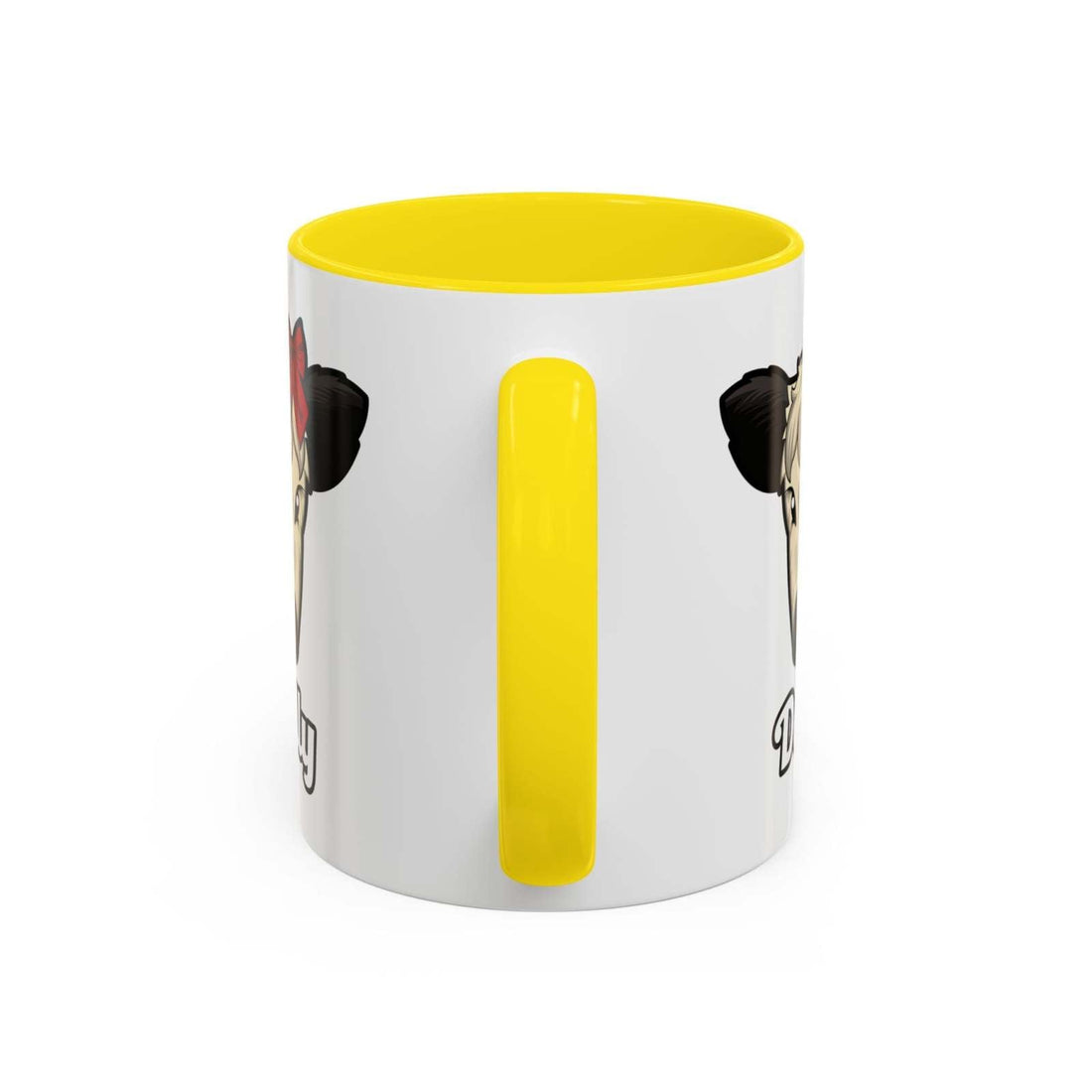 Farm Animal Coffee Mug featuring Dolly the Cute Cow with a red bow, yellow handle and interior, ceramic, microwave-safe, dishwasher-safe