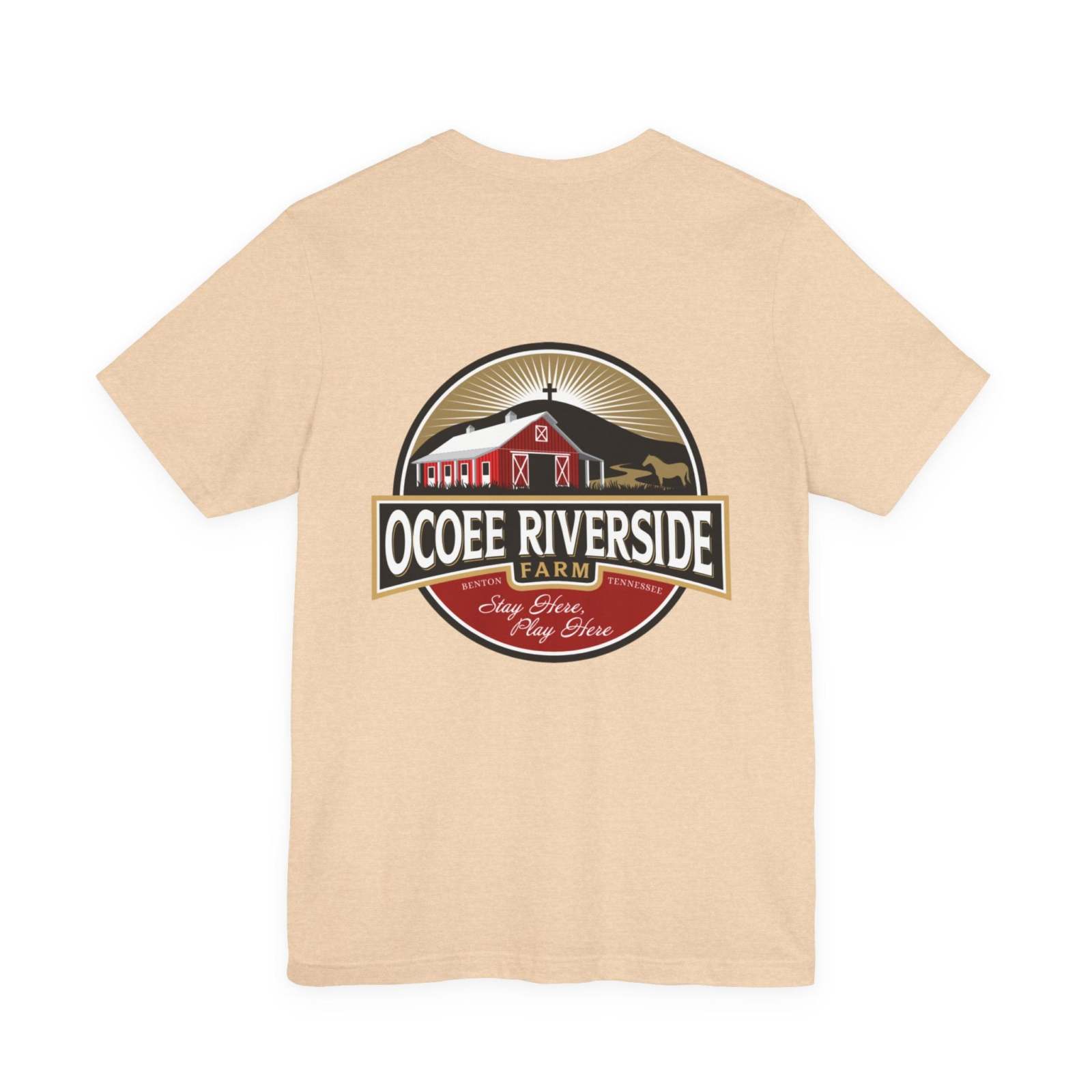 Beige unisex sloth t-shirt featuring Ocoee Riverside Farm logo on the back, lightweight cotton fabric.