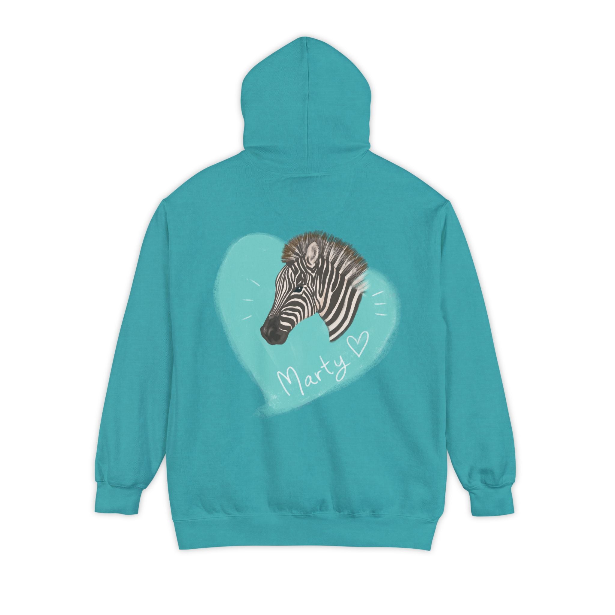 A zebra adorned with the word "Marty" creatively integrated into its stripes at Ocoee Riverside Farm Unisex Hoodie