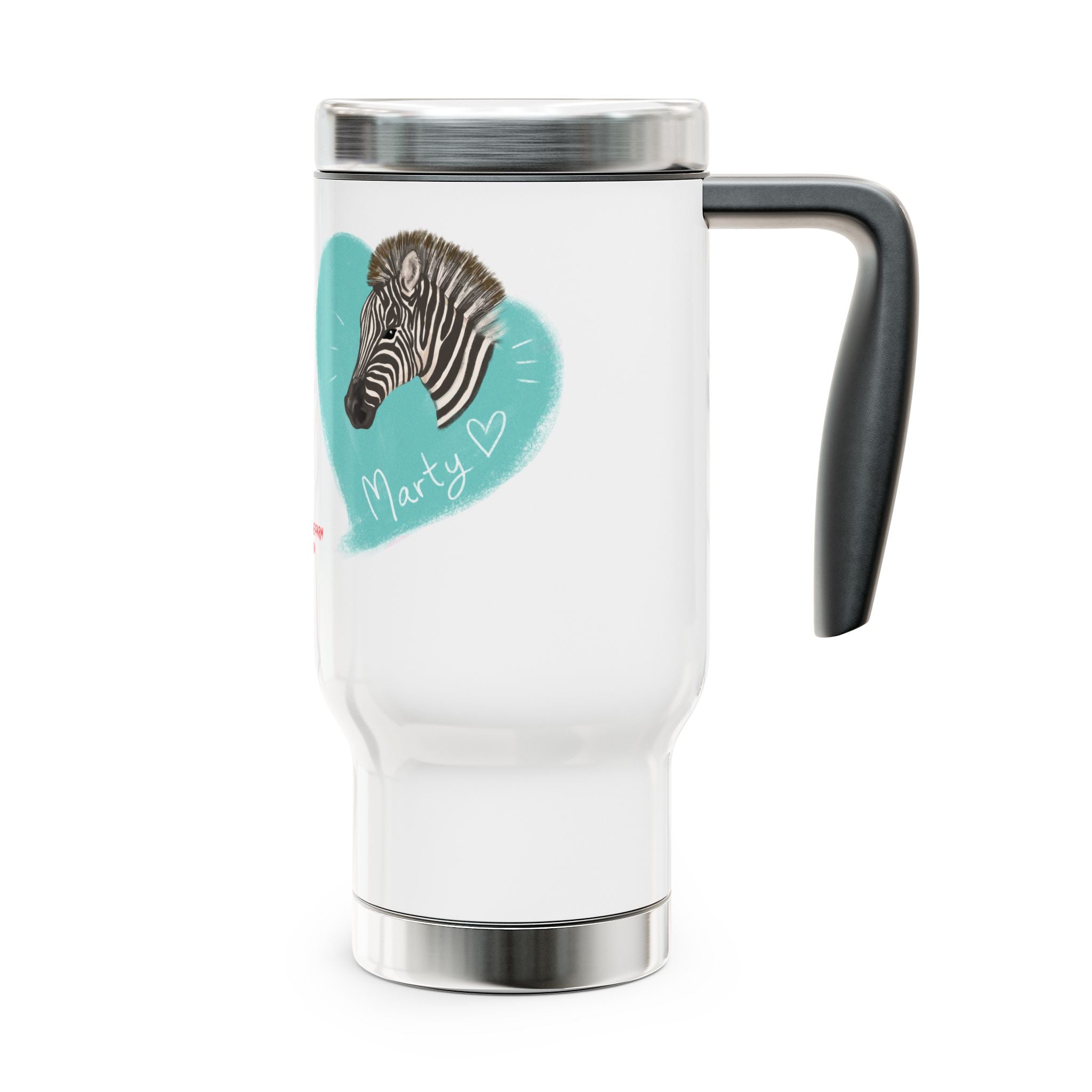 A zebra adorned with the word "Marty" creatively integrated into its stripes at Ocoee Riverside Farm Stainless Steel Travel Mug with Handle - 14oz