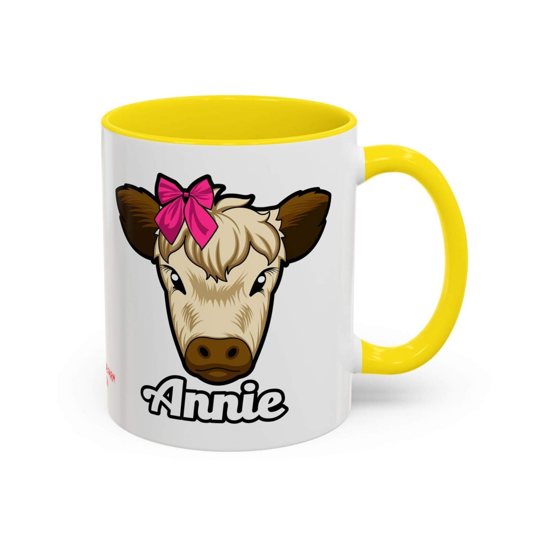 Farmhouse cow coffee mug with red bow design, yellow handle, ideal for animal lovers and farmhouse décor.