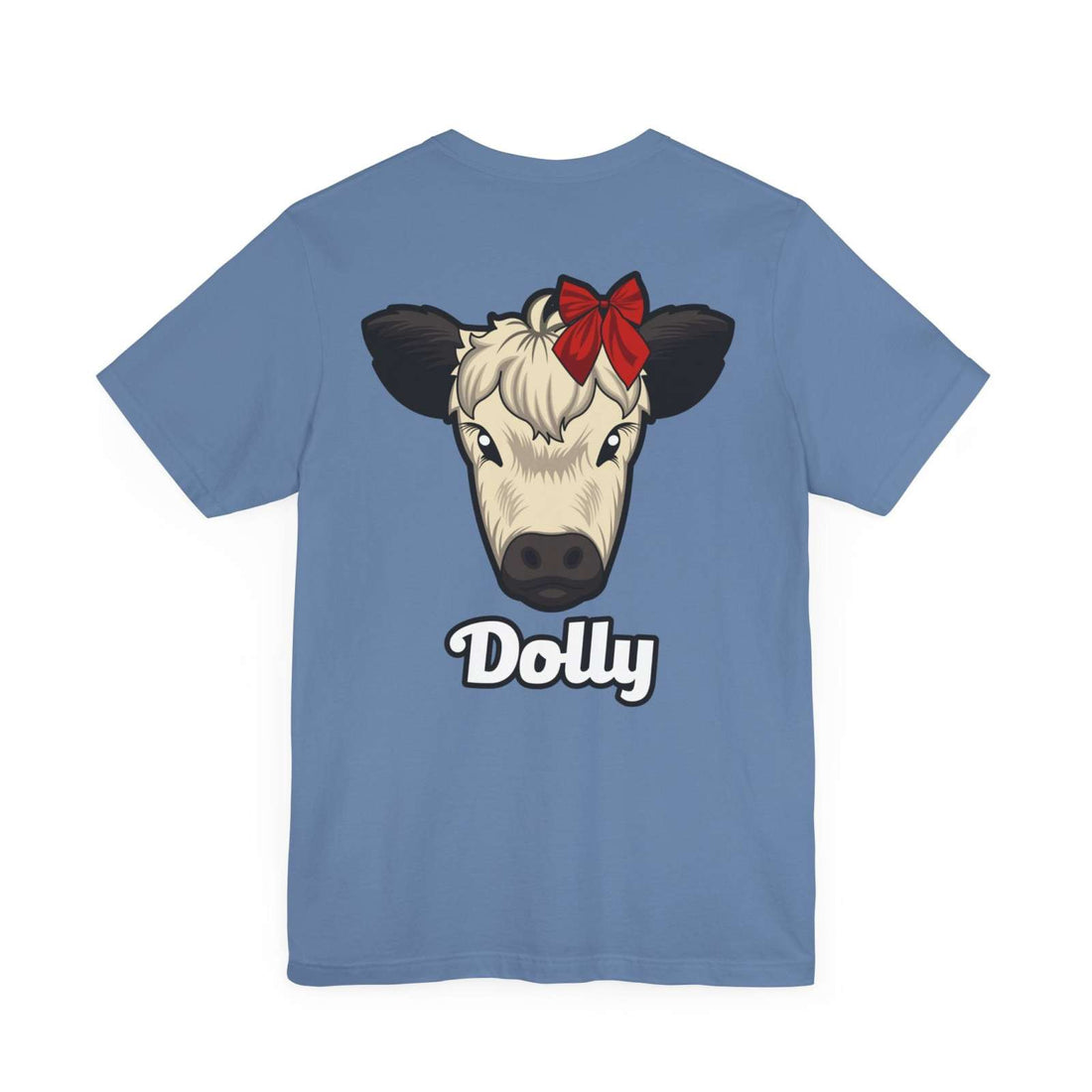 Blue Country Cow Graphic Tee featuring a cow face named Dolly with a red bow on the back