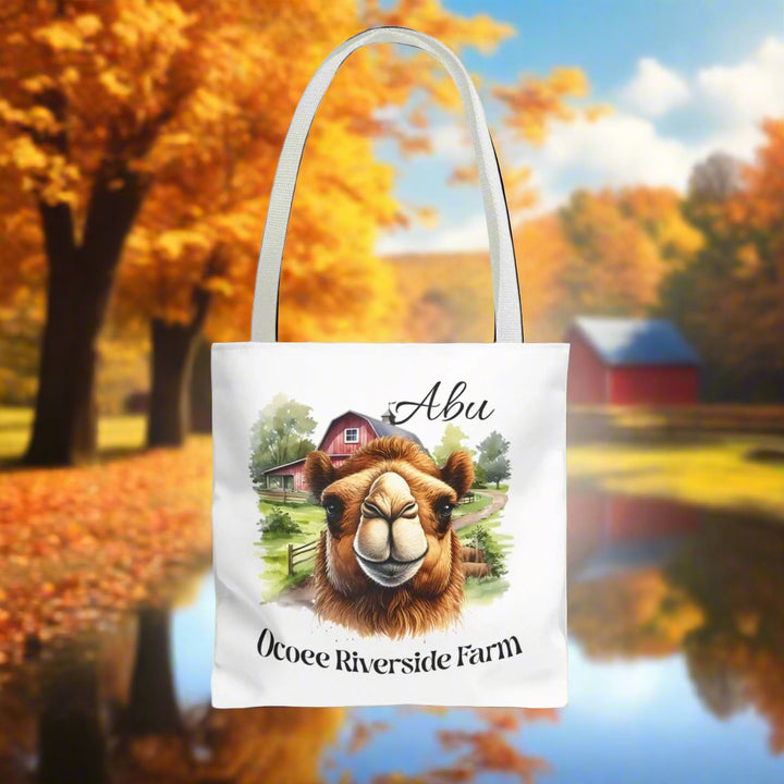 Eco-friendly Abu Camel Tote Bag featuring a camel and barn design from Ocoee Riverside Farm, perfect for shopping and everyday use