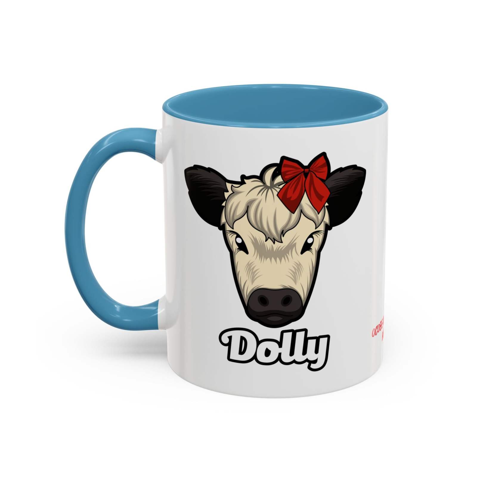 Farm Animal Coffee Mug featuring Dolly the cow with a red bow, white ceramic with blue handle and interior, microwave and dishwasher safe