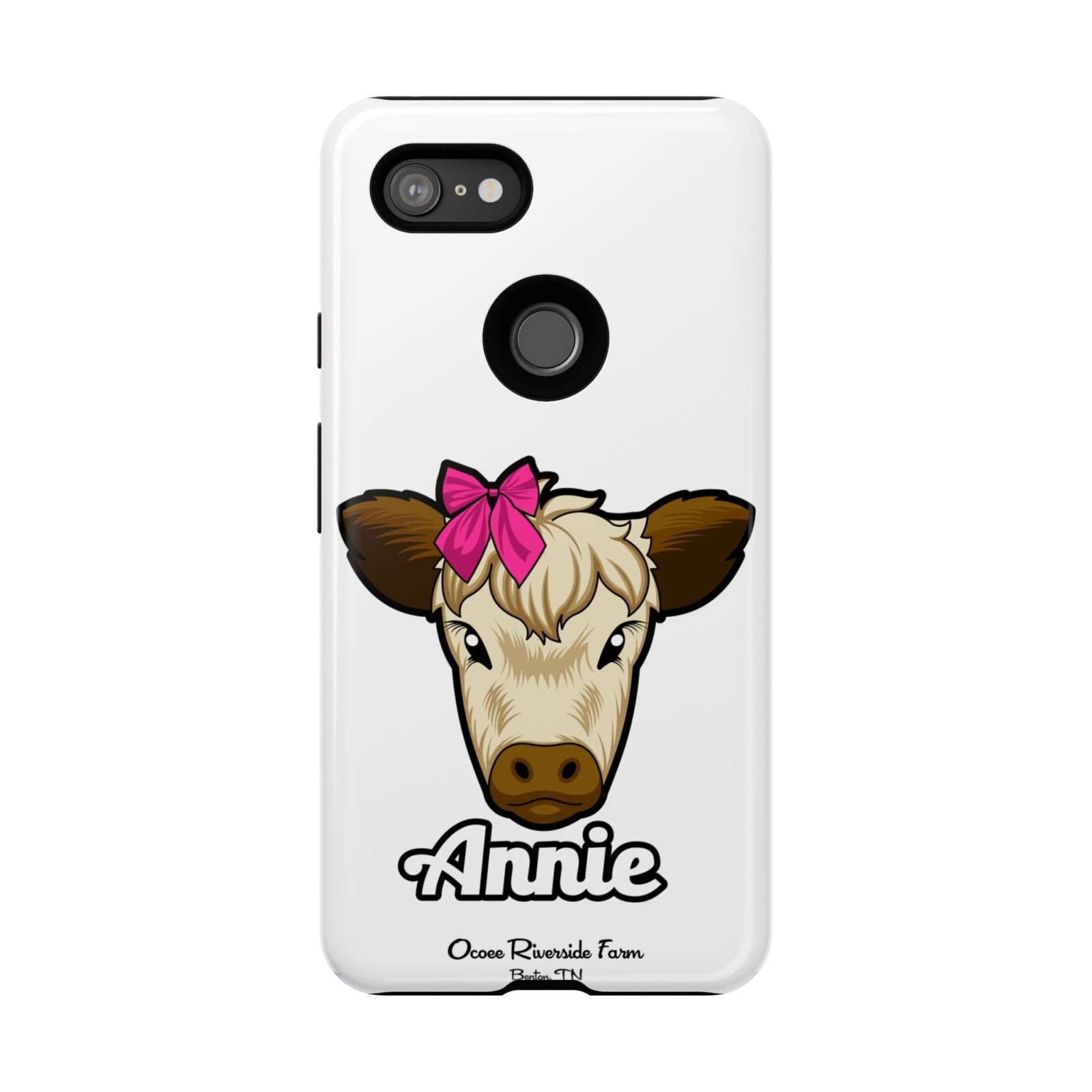 Cute cow phone case with red bow, farmhouse style, perfect farm animal lover gift.