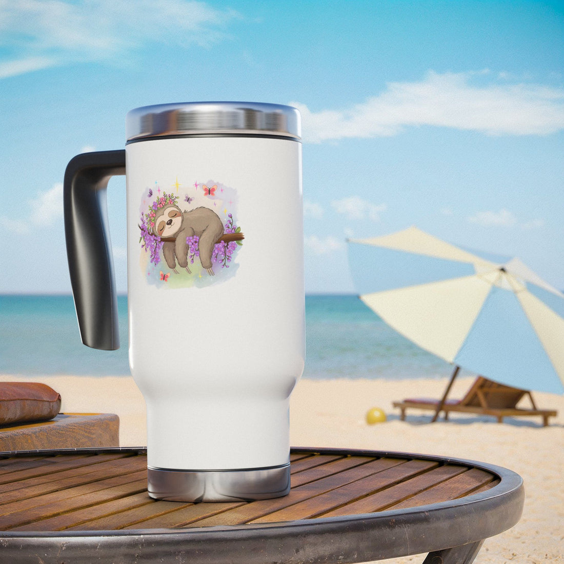 Cute Sloth Floral Stainless Steel Travel Mug - 14oz with Handle