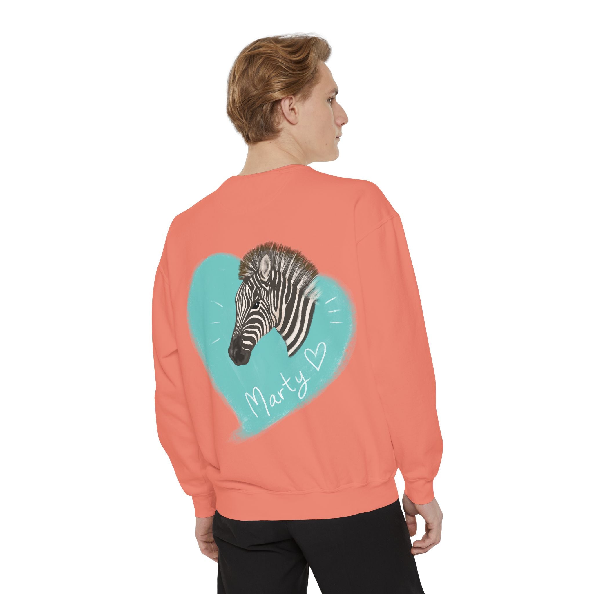 A zebra adorned with the word "Marty" creatively integrated into its stripes at Ocoee Riverside Farm Sweatshirt
