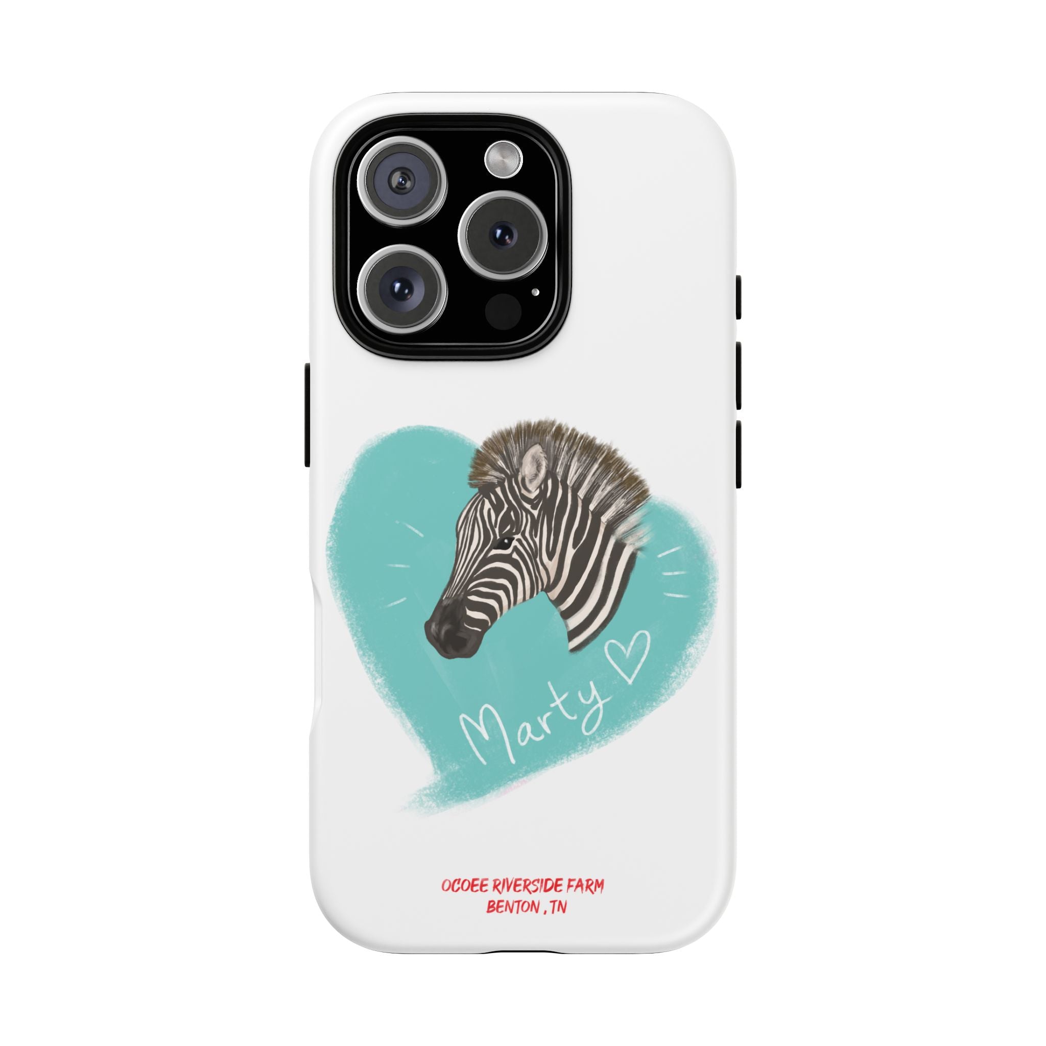 A zebra adorned with the word "Marty" creatively integrated into its stripes at Ocoee Riverside Farm Phone Case