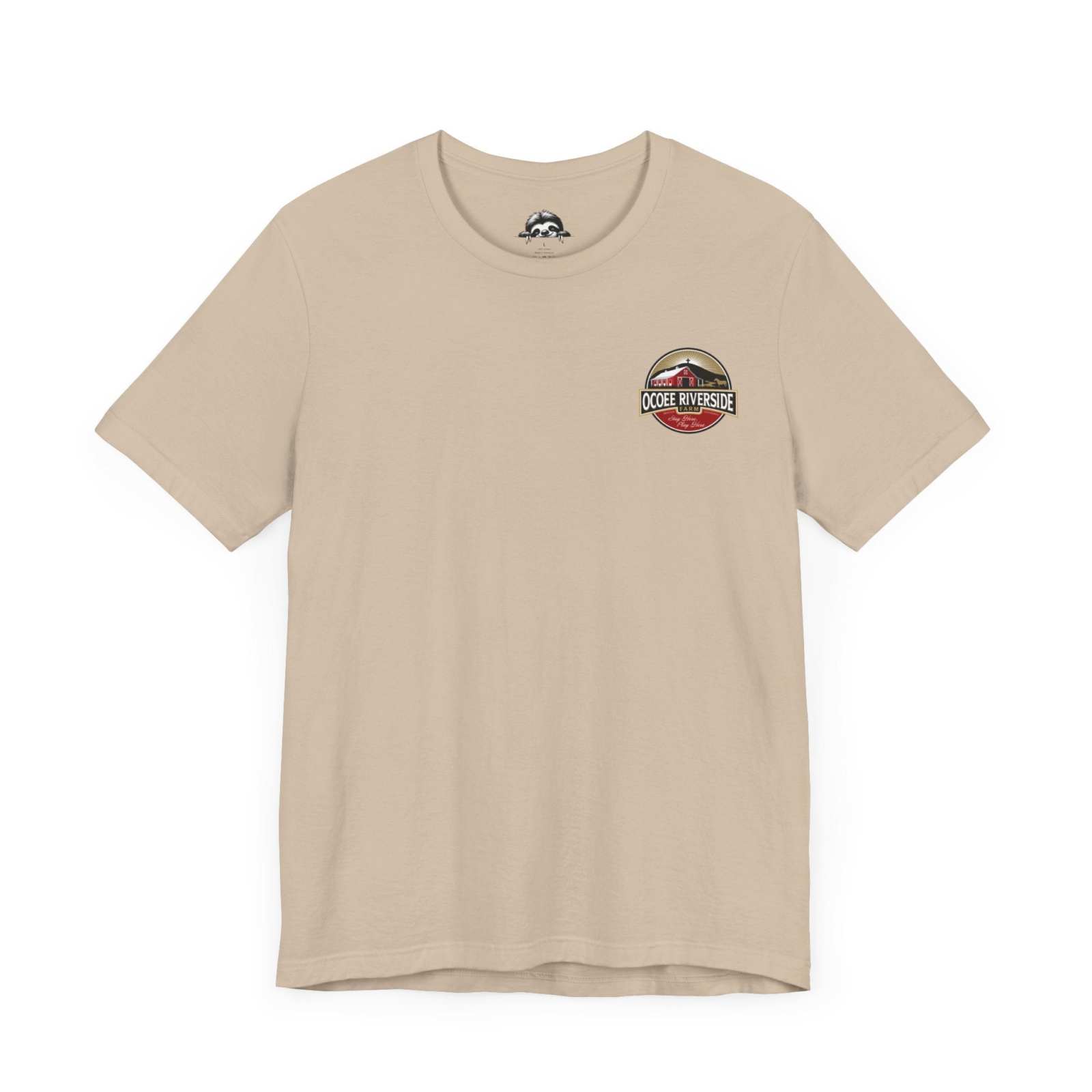 Beige Country Cow Graphic Tee with small rustic emblem on chest, made of soft breathable cotton.