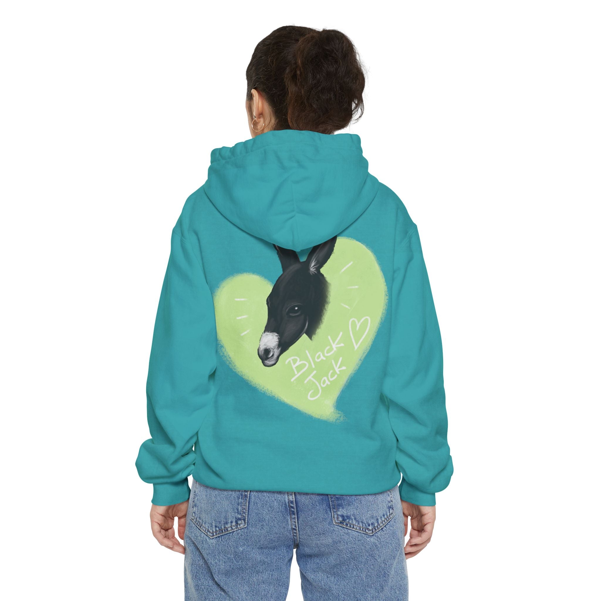 A donkey featuring the words "Black Jack" prominently displayed on its side at Ocoee Riverside Farm Unisex Hoodie