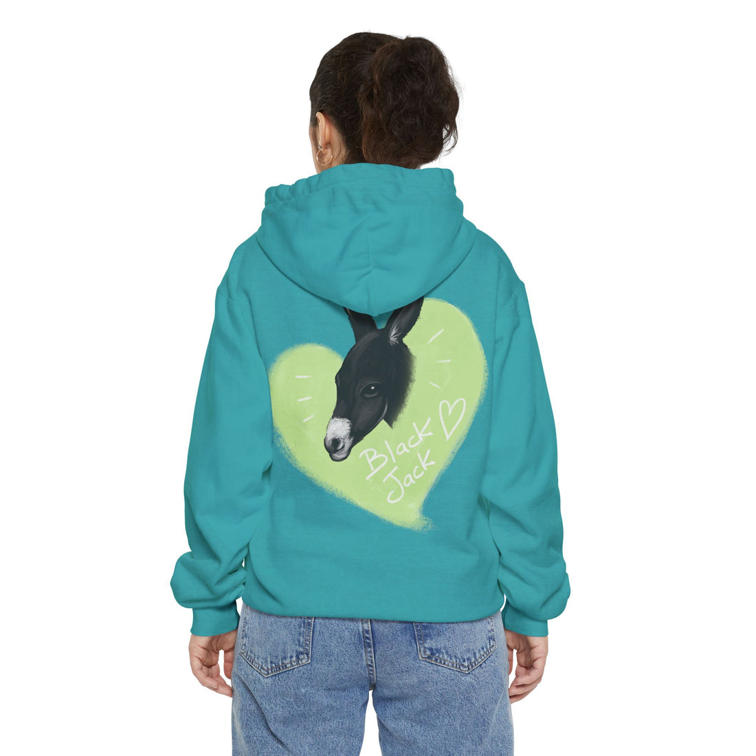 A donkey featuring the words "Black Jack" prominently displayed on its side at Ocoee Riverside Farm Unisex Hoodie