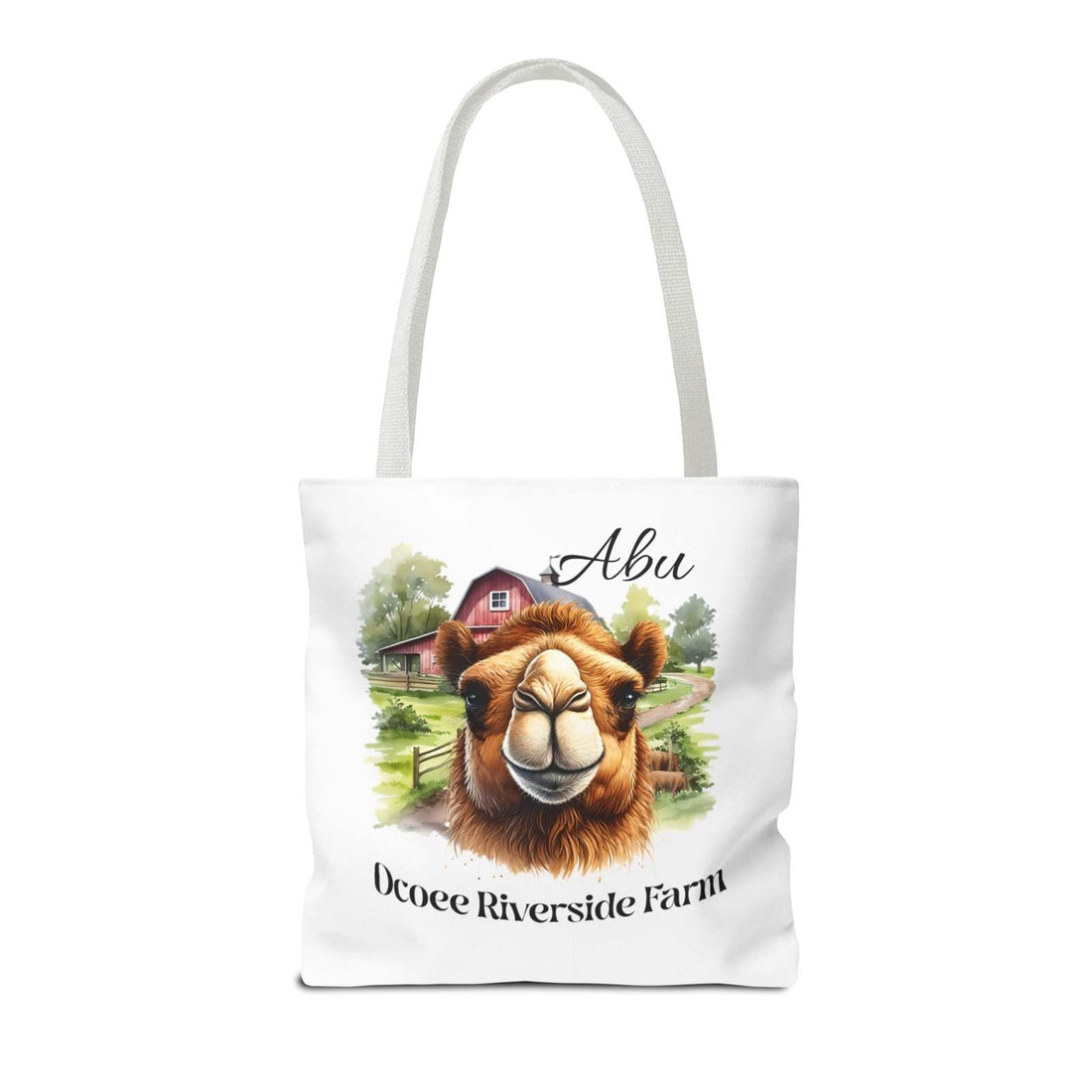 Abu Camel Tote Bag with camel illustration and Ocoee Riverside Farm text, eco-friendly shopping bag with durable handles and spacious design