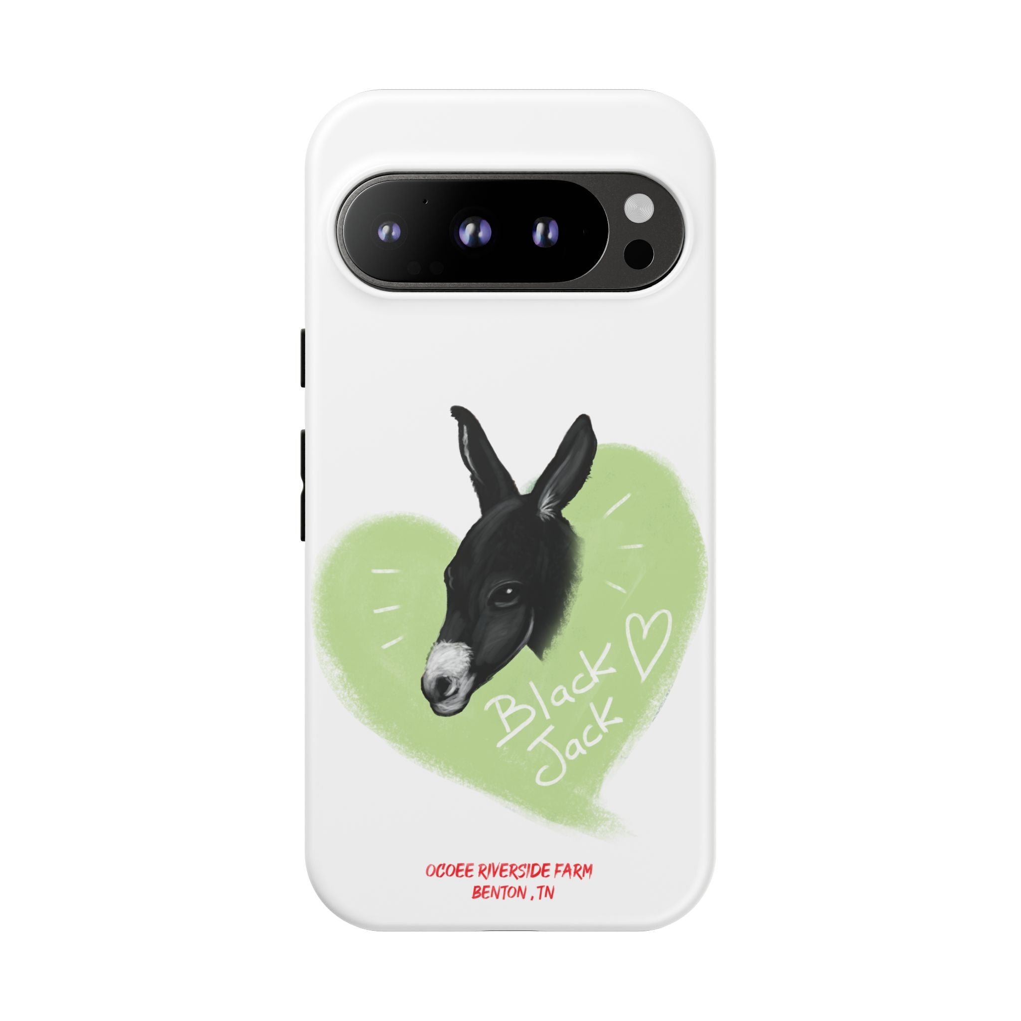 A donkey featuring the words "Black Jack" prominently displayed on its side at Ocoee Riverside Farm Phone Case
