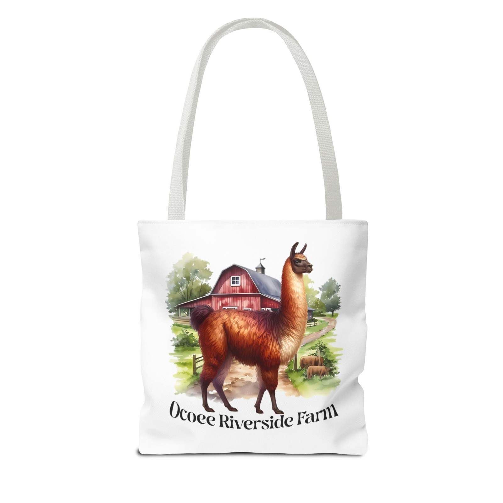 Eco-friendly Alpaca Tote Bag with Ocoee Riverside Farm design, durable and stylish shopping bag with farmhouse illustration