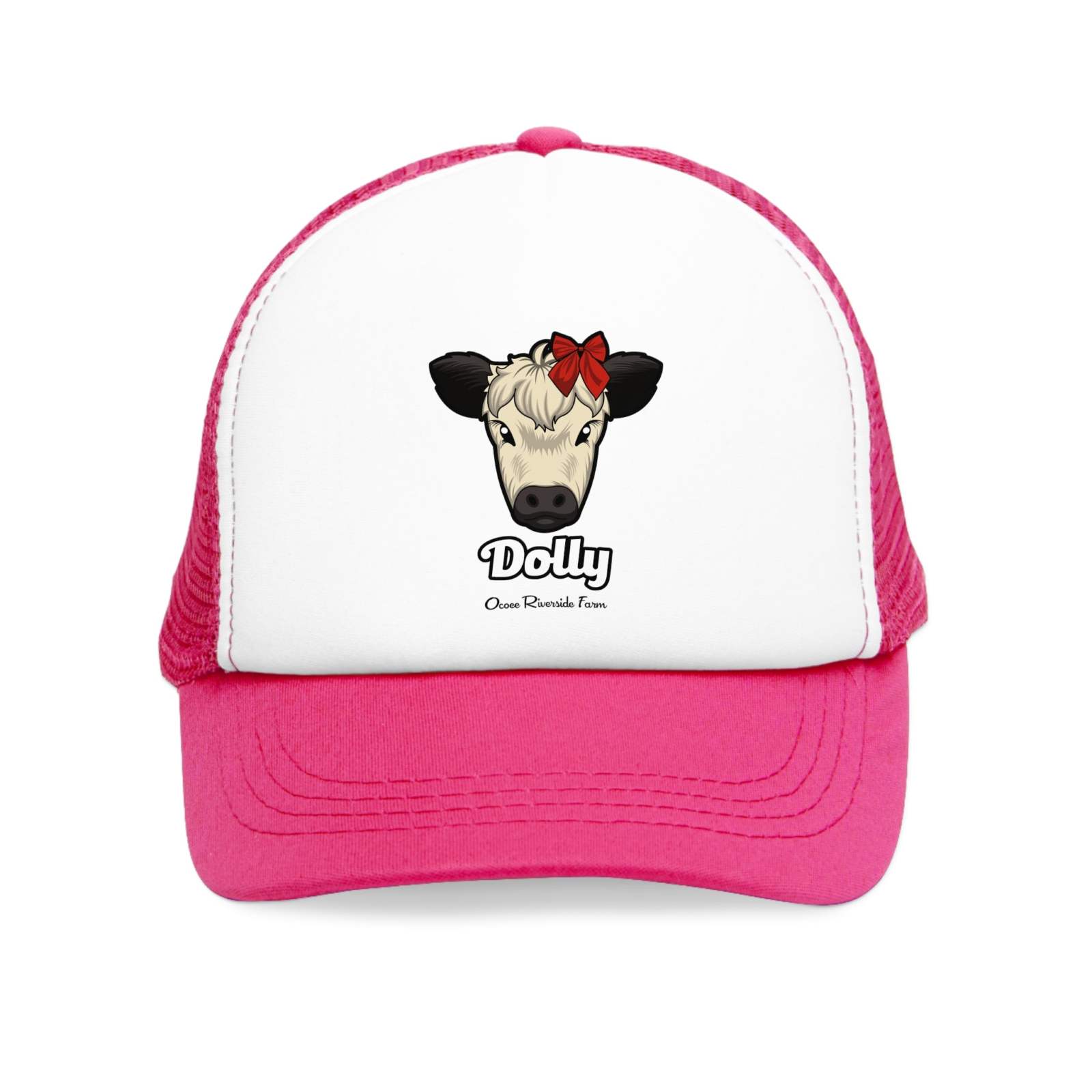 Pink Rustic Farm Trucker Hat with breathable mesh back and Dolly the cow design with red bow on front panel