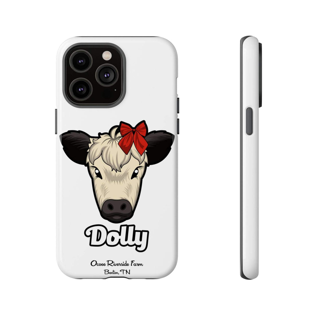 Farmhouse Chic Phone Case with Dolly the cow wearing a red bow, white background, durable protective design