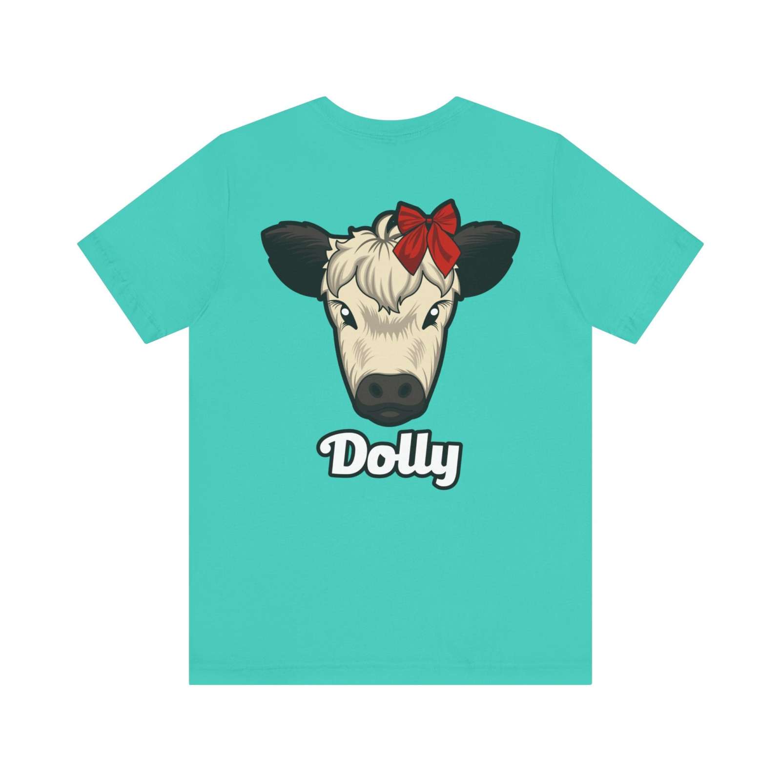 Turquoise Country Cow Graphic Tee with Dolly cow face and red bow print