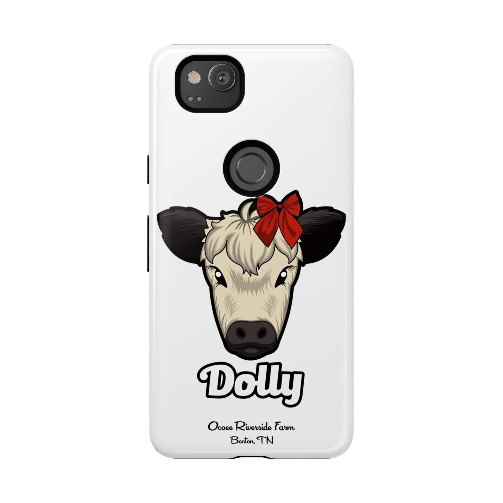 Farmhouse Chic Phone Case with Dolly the cow wearing a red bow design on white background, durable and shock-absorbent phone cover.