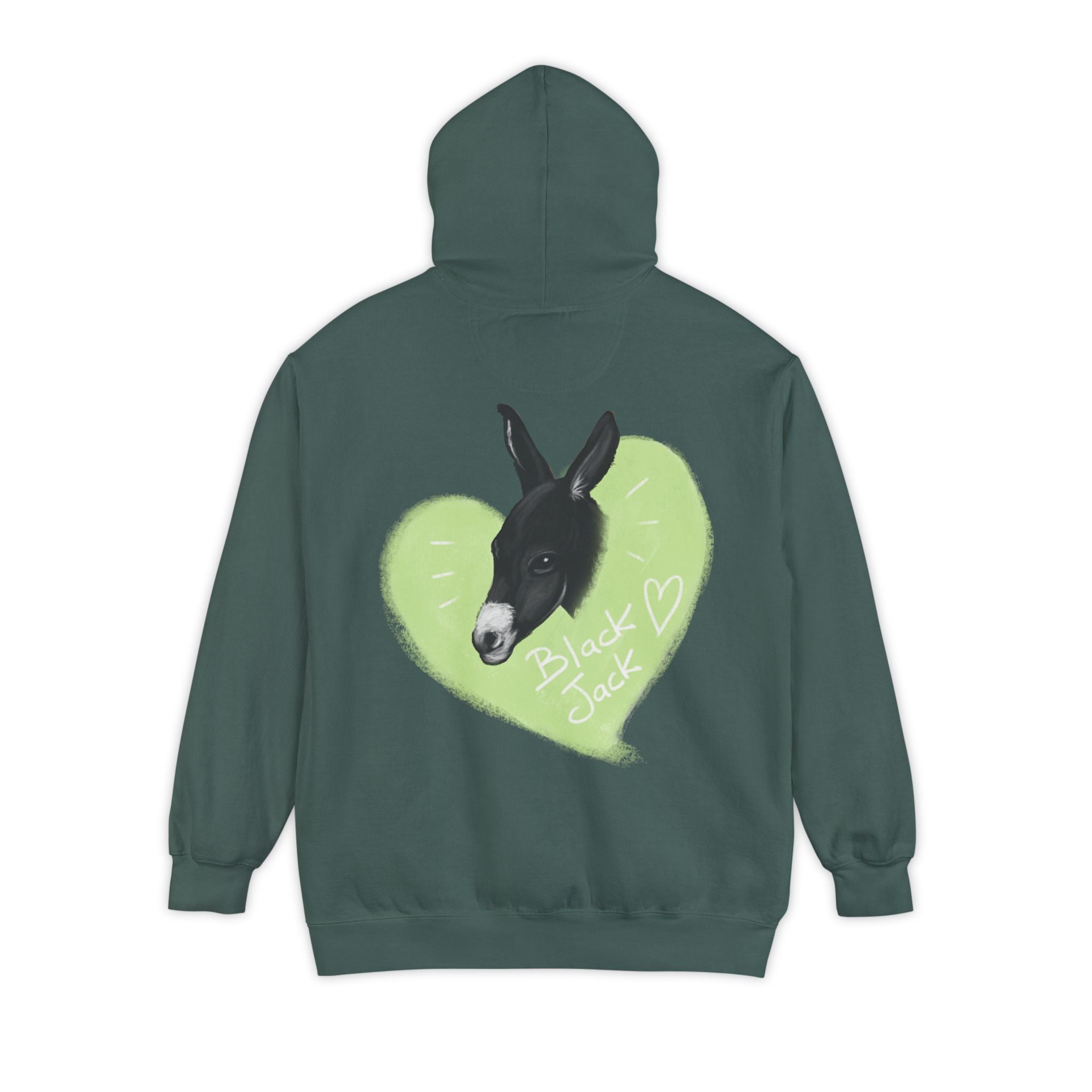 A donkey featuring the words "Black Jack" prominently displayed on its side at Ocoee Riverside Farm Unisex Hoodie