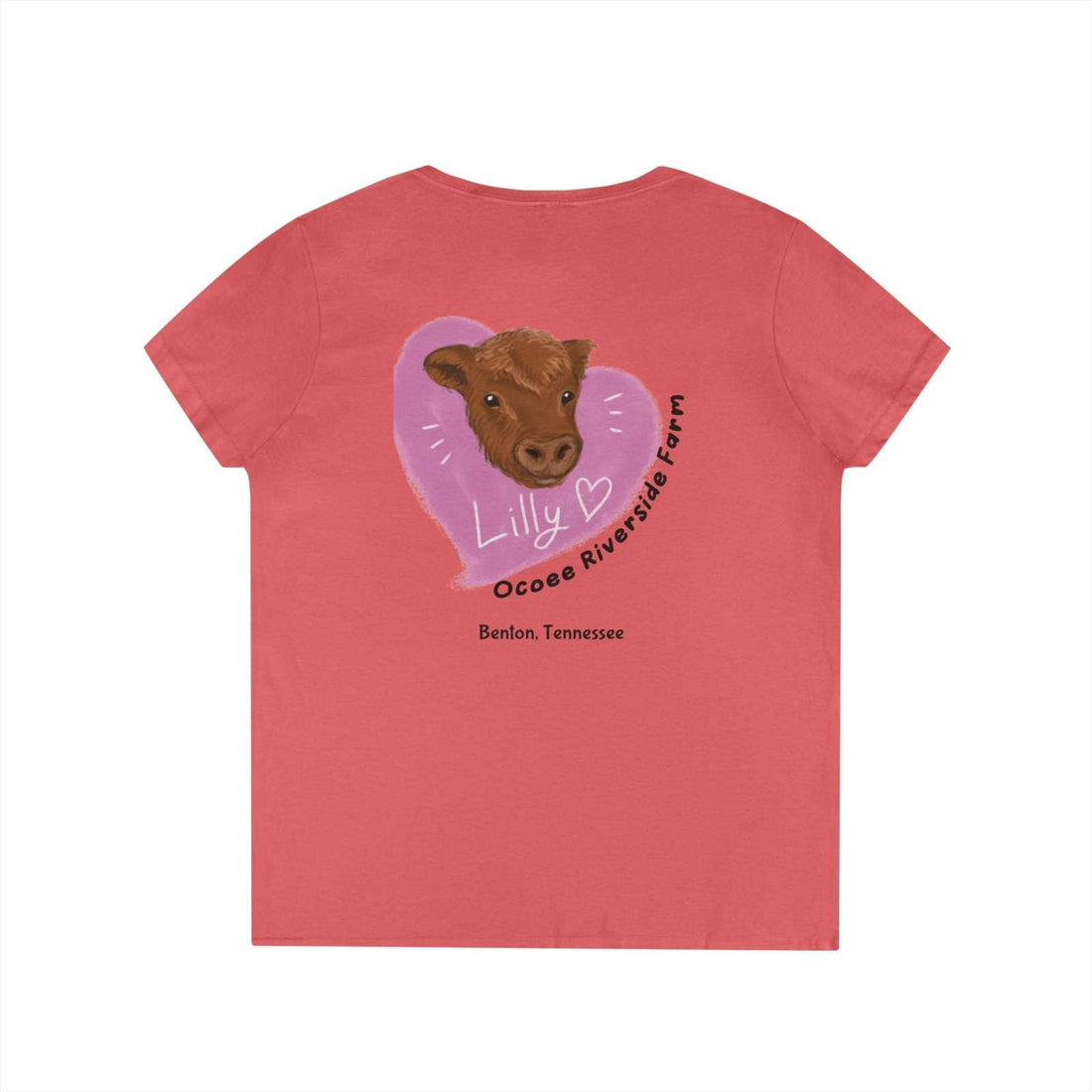 Spud Heart Women’s V-Neck Tee in coral with cow face and farm-themed heart design on back